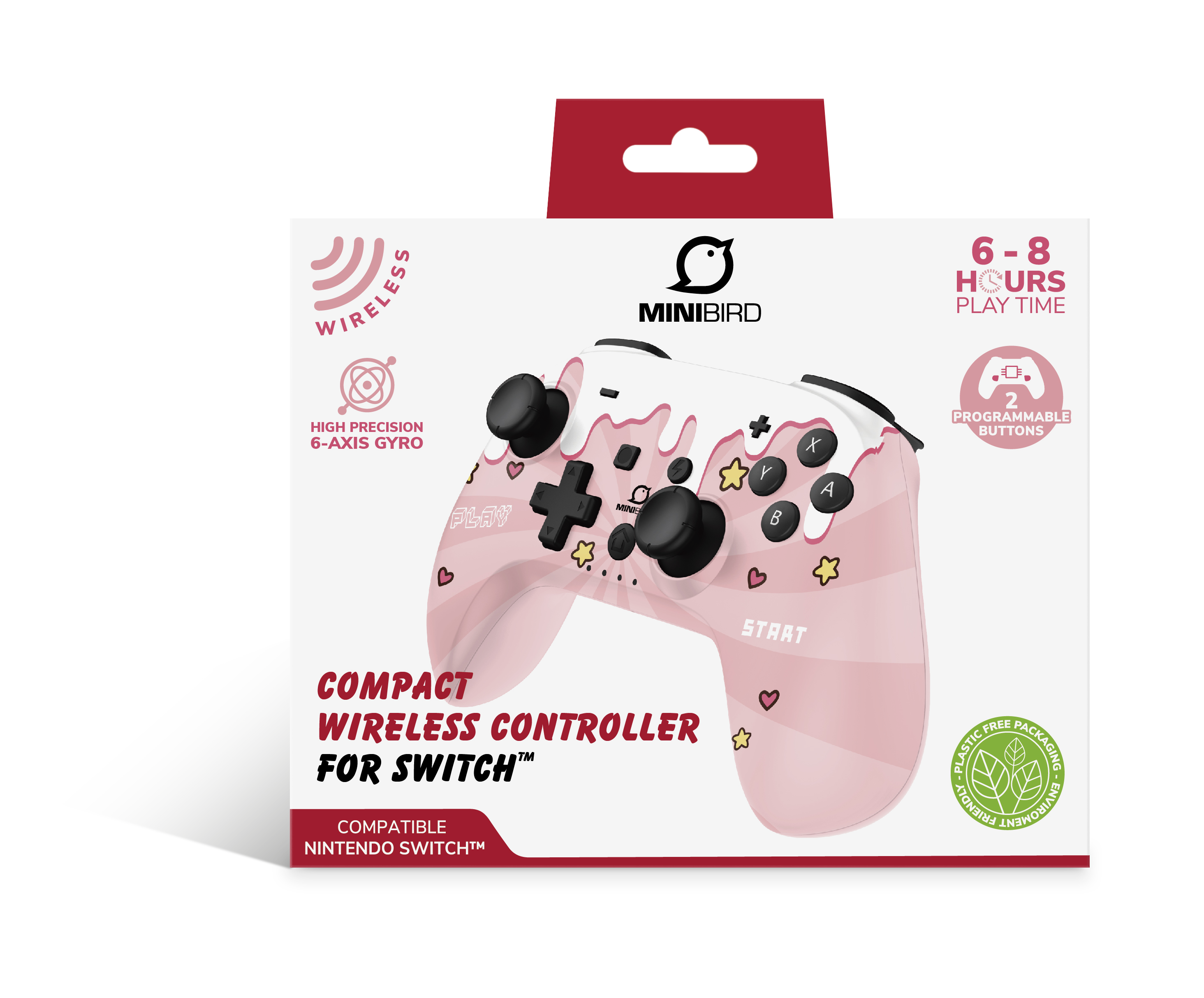 Minibird Pop Top - Manette sans fil Bluetooth "Sweet Pink" pour Nintendo Switch et Switch OLED - flash vidéo