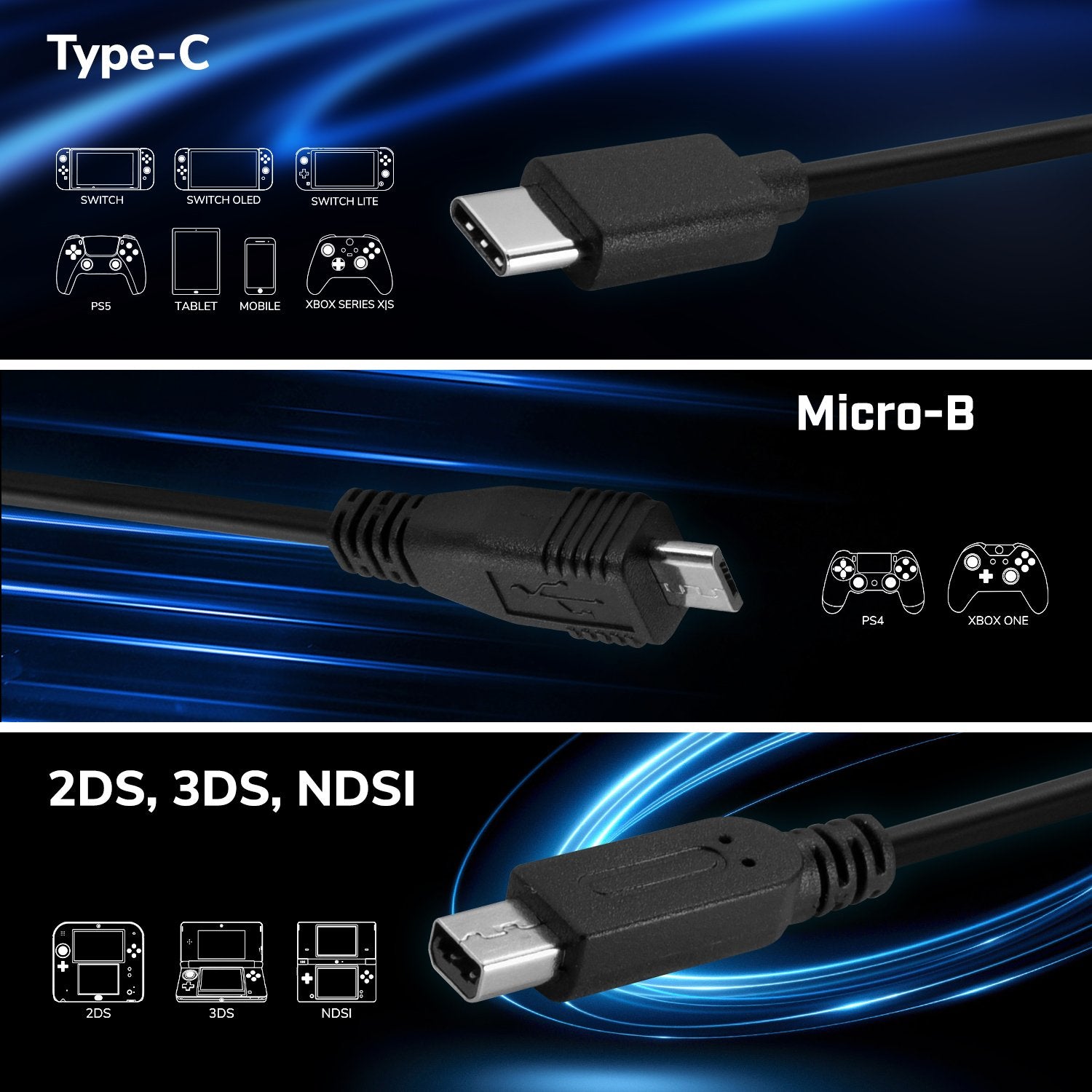 EgoGear - Câble de charge 7 en 1 SCH7 avec chargeur rapide Euro USB pour consoles, manettes, mobile et tablettes - flash vidéo