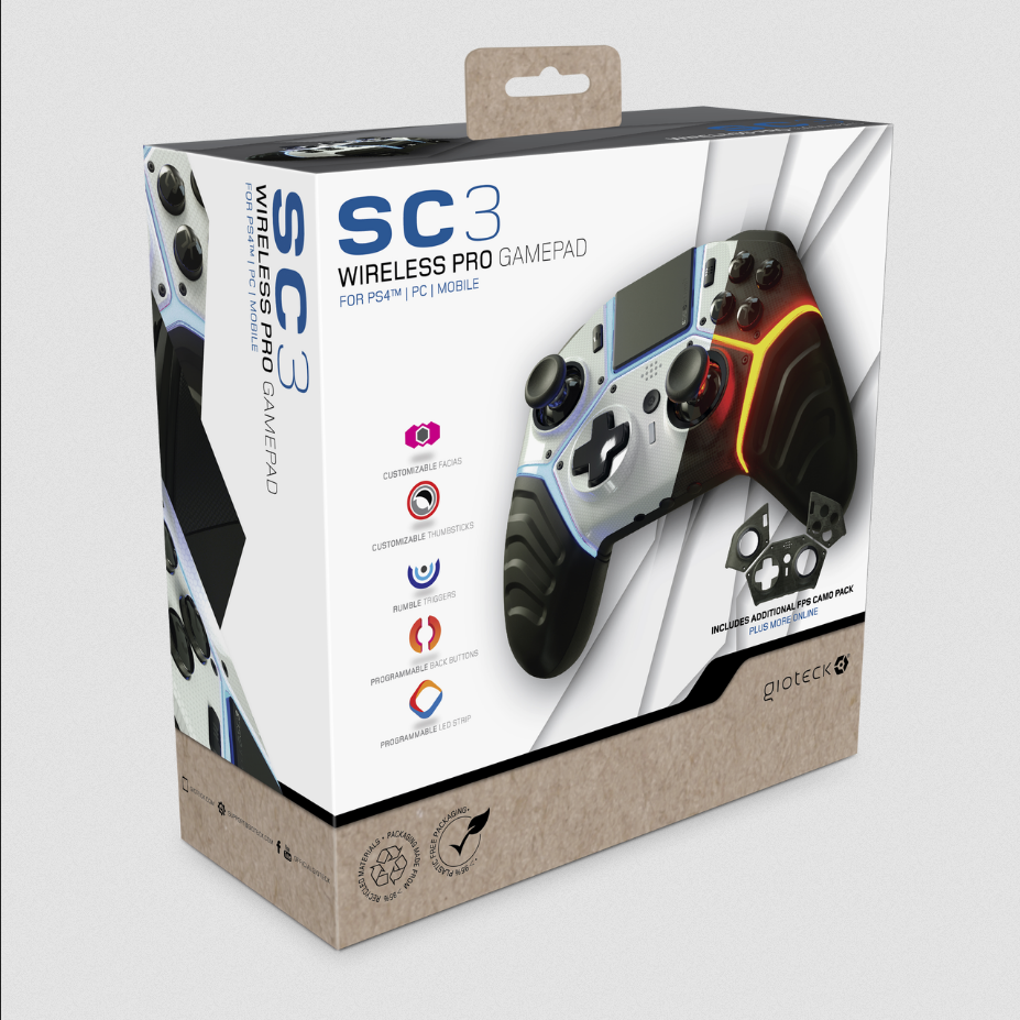 Gioteck - Manette sans fil premium bluetooth SC-3 Noir pour PS4 et PC - flash vidéo