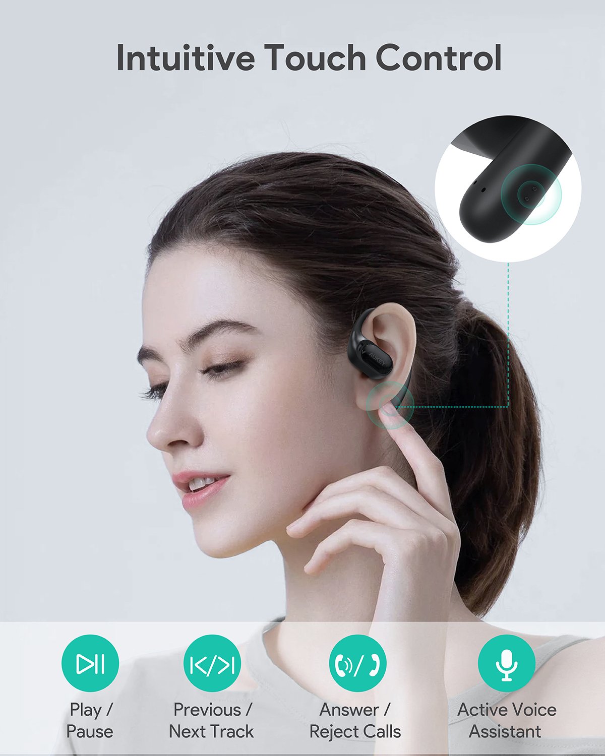 Aukey - Écouteurs sans fil connectés Sports Fit Open-Ear Noir - flash vidéo