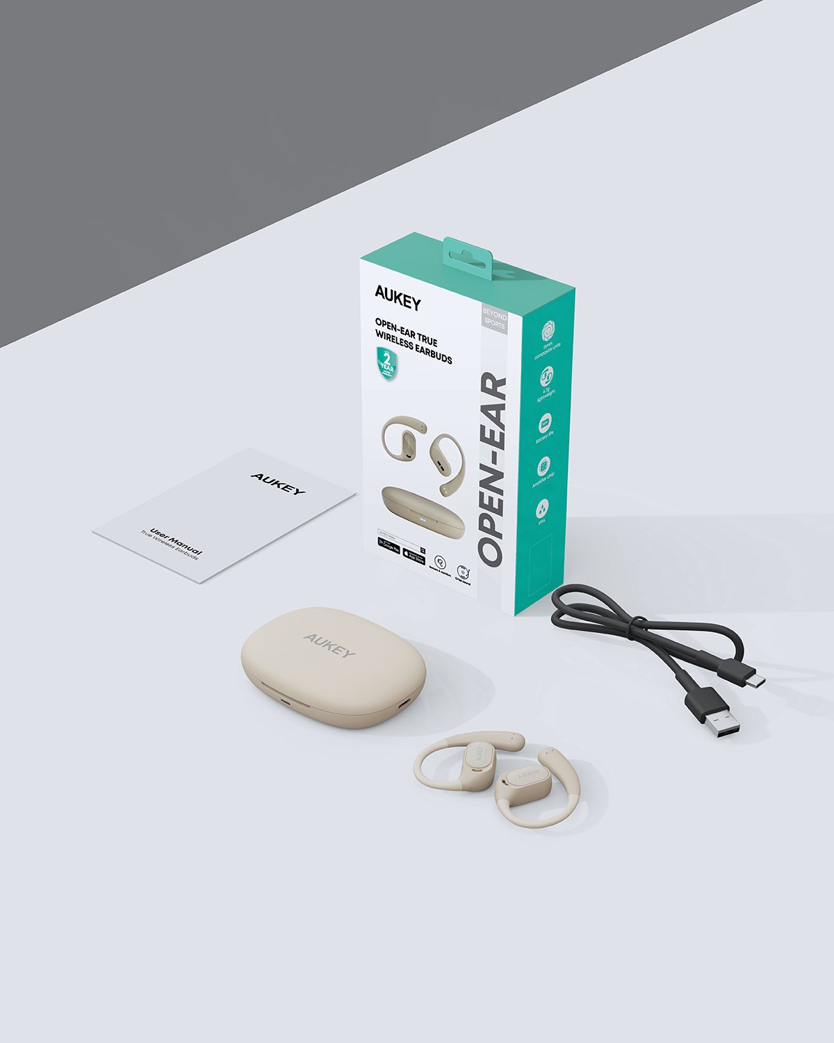 Aukey - Écouteurs sans fil connectés Sports Fit Open-Ear Blanc - flash vidéo