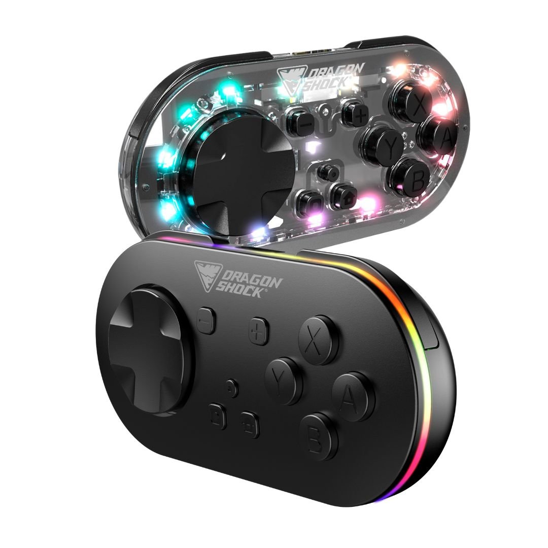 DragonShock - Paire Mini Manettes Sans Fil Glow Fusion et Noire pour Nintendo Switch, Switch OLED, PC, Android et IOS - flash vidéo