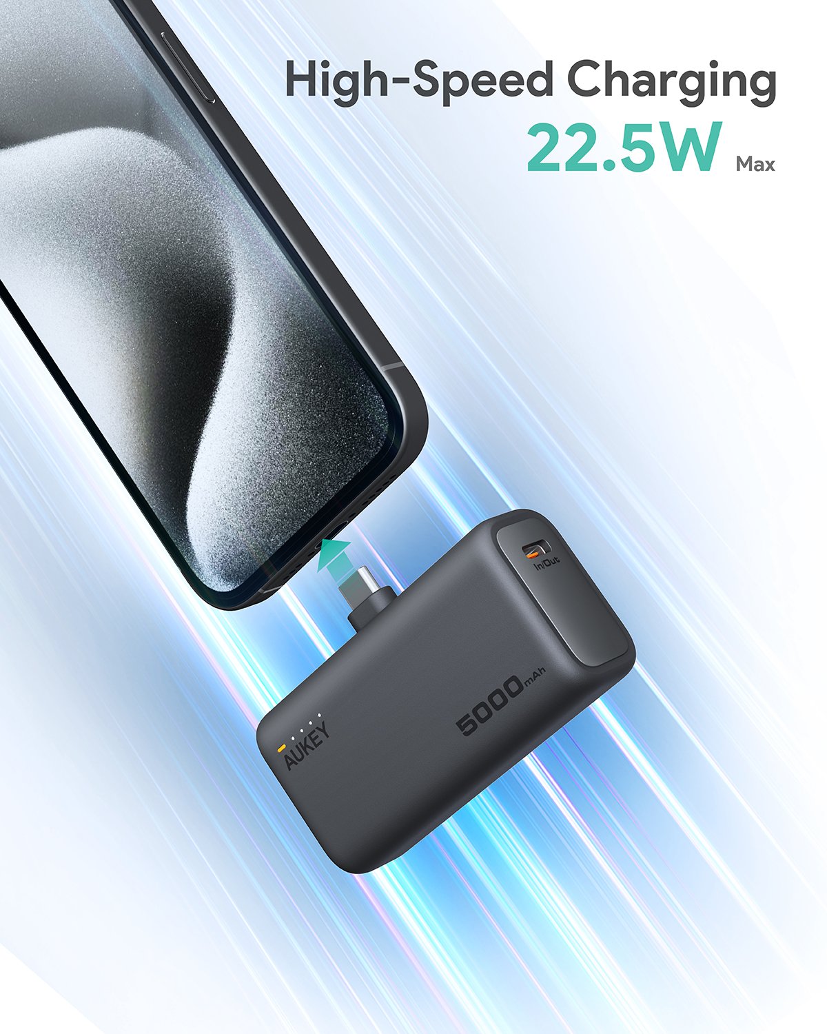 Aukey - Spark Mini 22.5W 5000mAh Power Bank avec port USB C intégré - flash vidéo