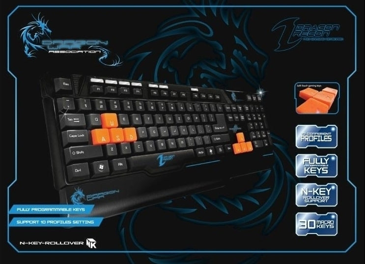 Dragonwar Recon Clavier de jeu programmable Qwerty - 30 touches macro - 10 paramètres de profil - Nkey roller. - flash vidéo