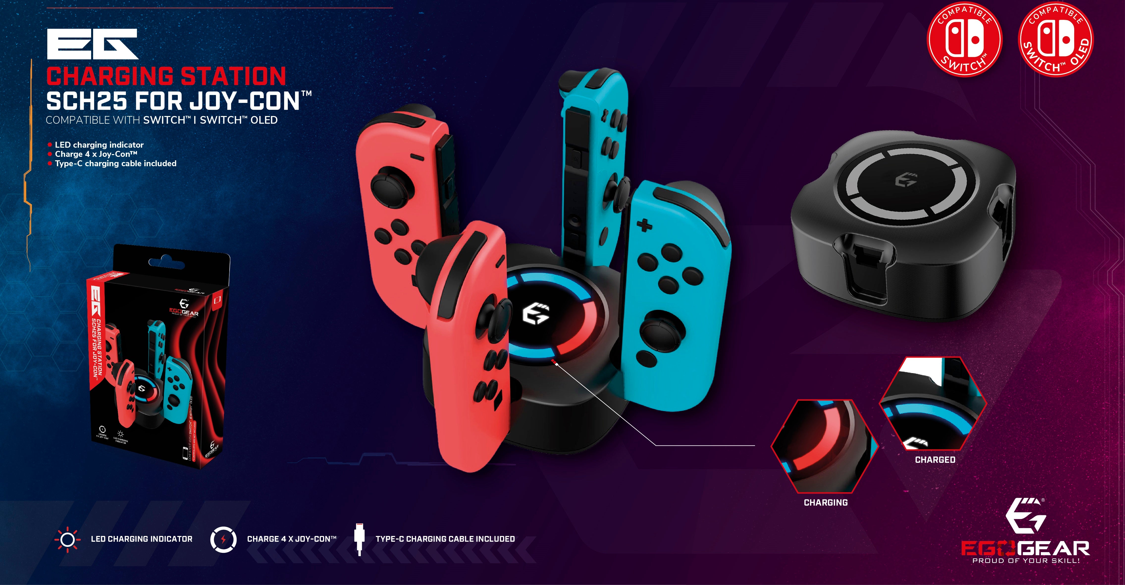 EgoGear - Socle de charge premium SCH25 noir pour manettes Joy-Con de la Switch et Switch OLED - flash vidéo