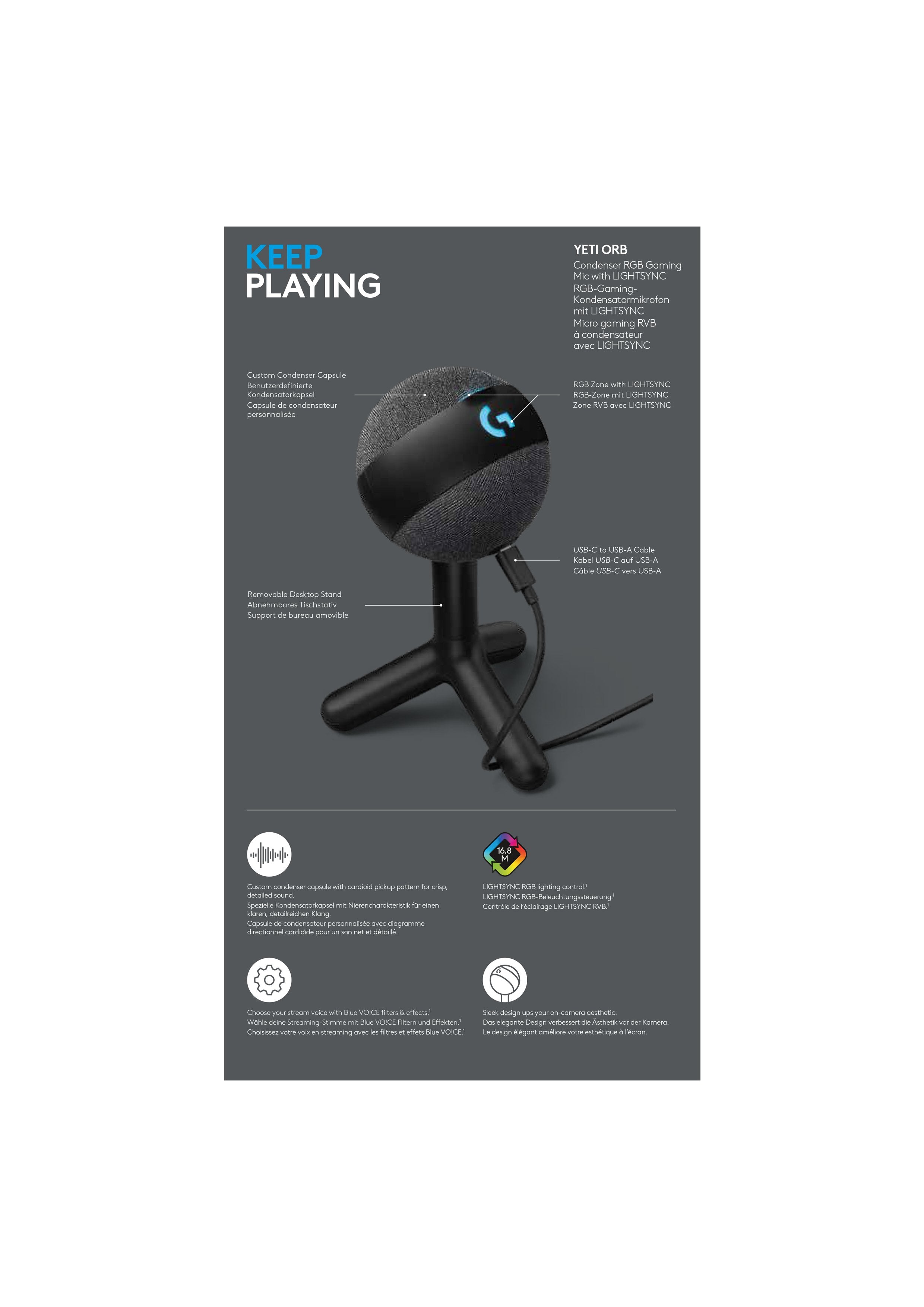 Logitech - Micro gaming RVB à condensateur Yeti Orb avec LIGHTSYNC - flash vidéo