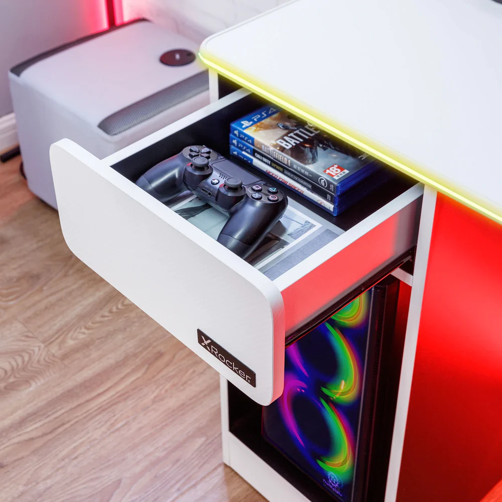 X Rocker - Bureau de jeu Carbon-Tek avec chargeur sans fil et éclairage LED Blanc - flash vidéo