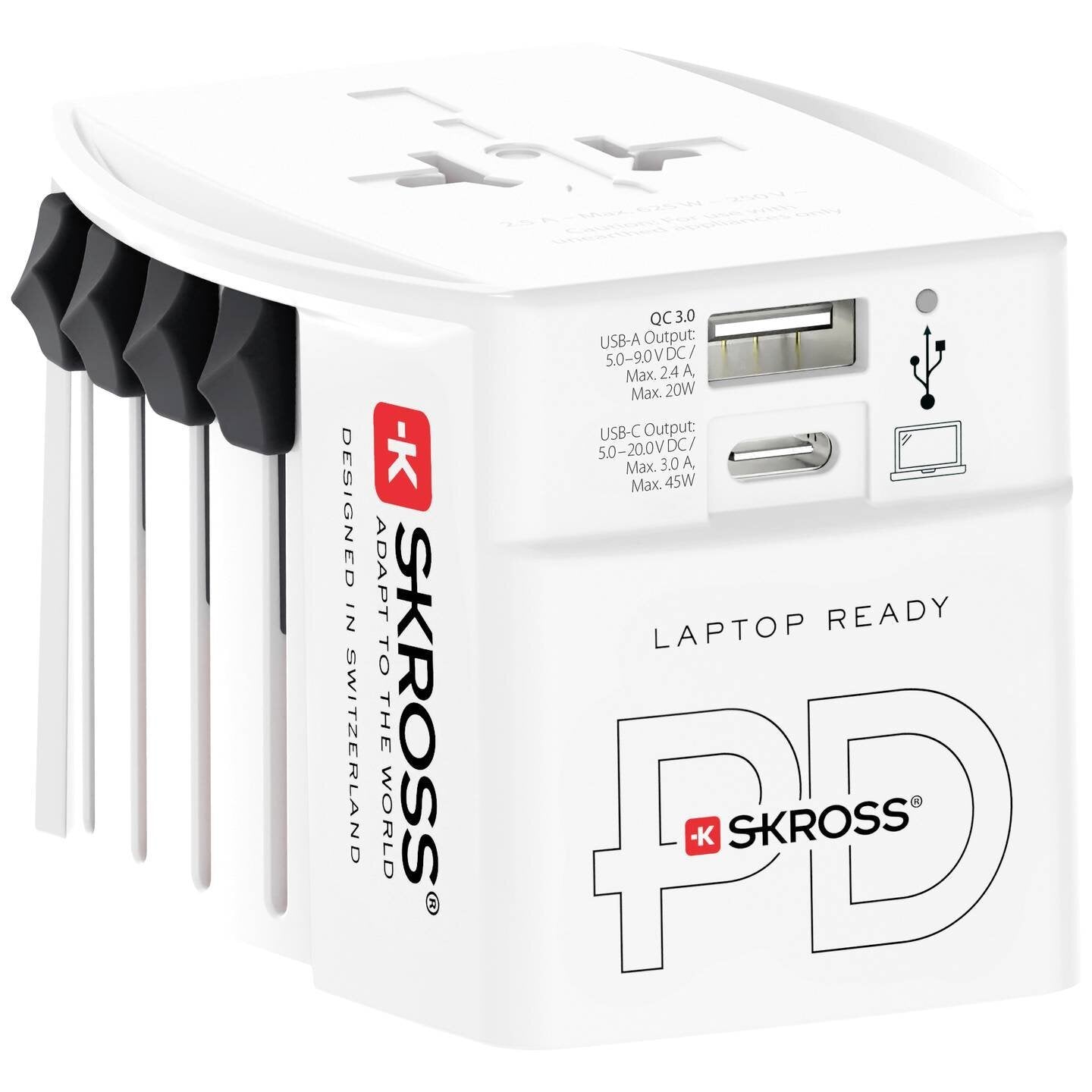 Skross - Adaptateur de voyage MUV PRO 2 pôles + 1 USB charge rapide + 1 Type-C 2500 mA Blanc - flash vidéo