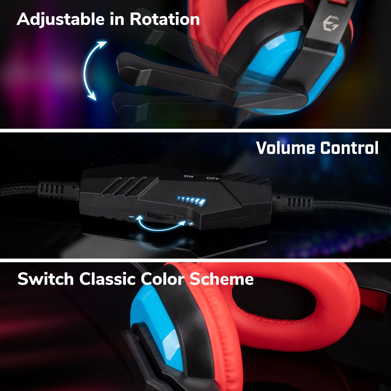 EgoGear - Casque de jeu filaire SHS10 Rouge et Bleu pour Switch, Switch Lite, Switch OLED, PS5, PS4, Xbox Series X|S, Xbox One et Mobile - flash vidéo