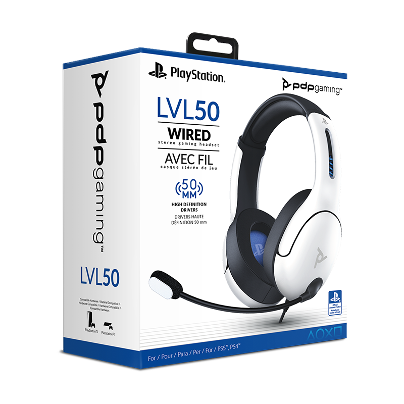 PDP - Casque de jeu stéréo filaire LVL50 Blanc pour PS5, PS4 & PC - flash vidéo
