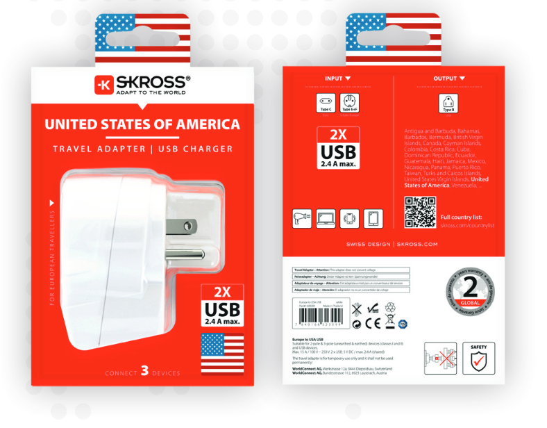 Skross Europe to US Travel Adapter and USB Charger (x2) - flash vidéo