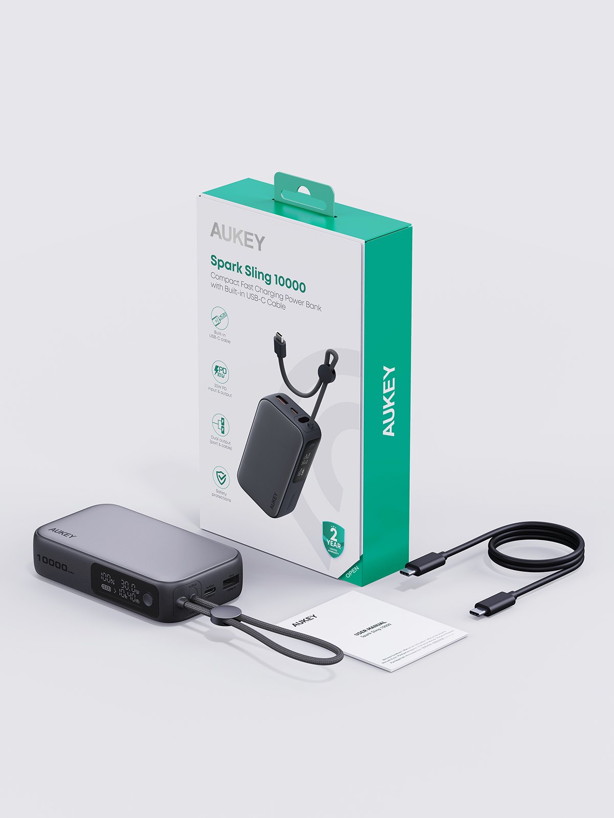 Aukey - Power Bank Spark Sling 10000mAh 30W USB-C - flash vidéo