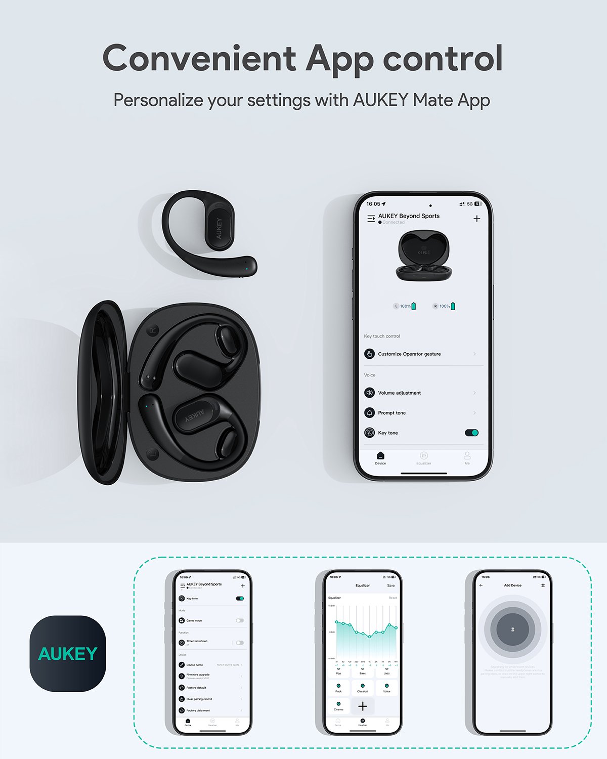 Aukey - Écouteurs sans fil connectés Sports Fit Open-Ear Noir - flash vidéo