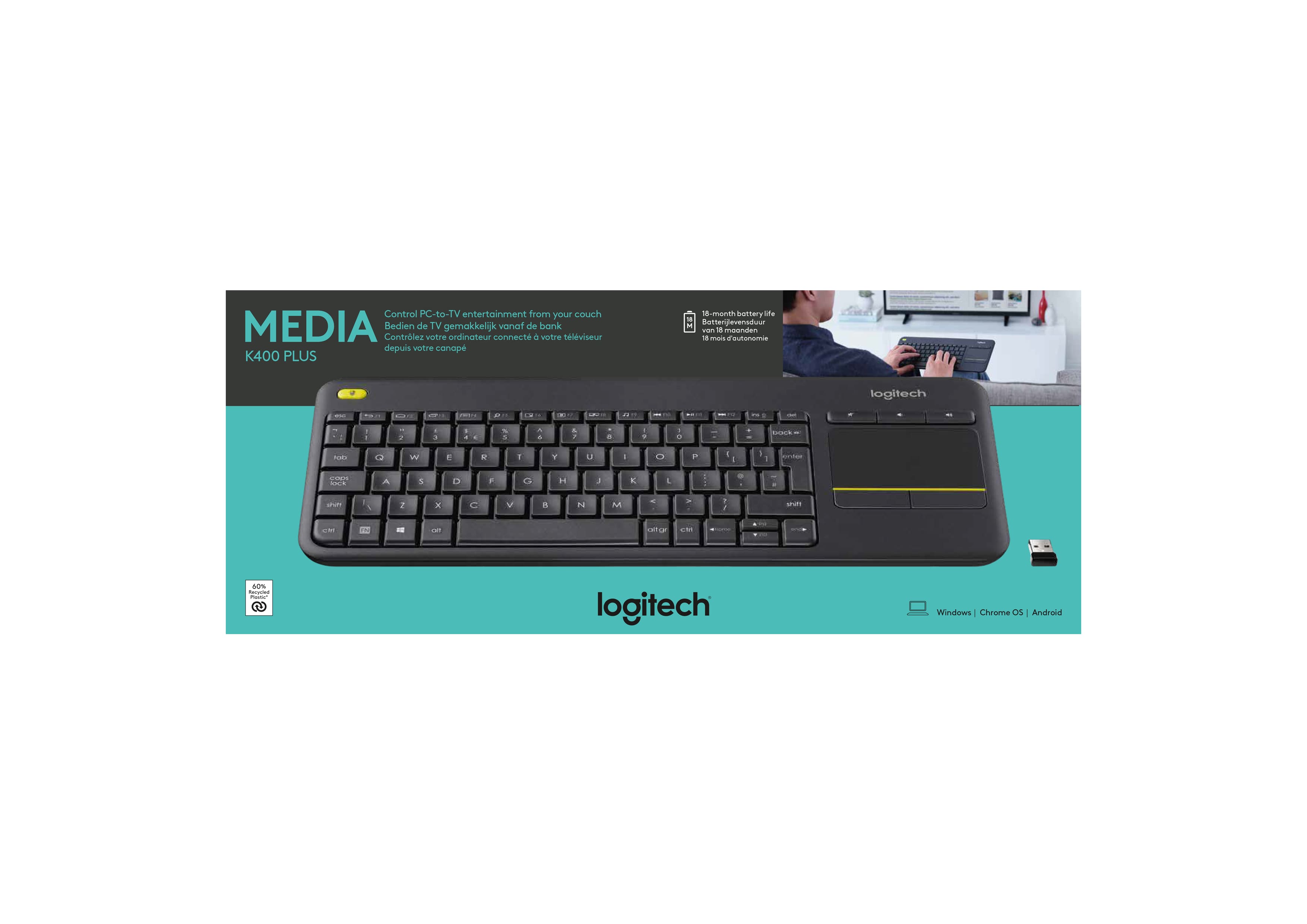 Logitech Clavier tactile professionnel sans fil K400+ Noir Azerty BE - flash vidéo