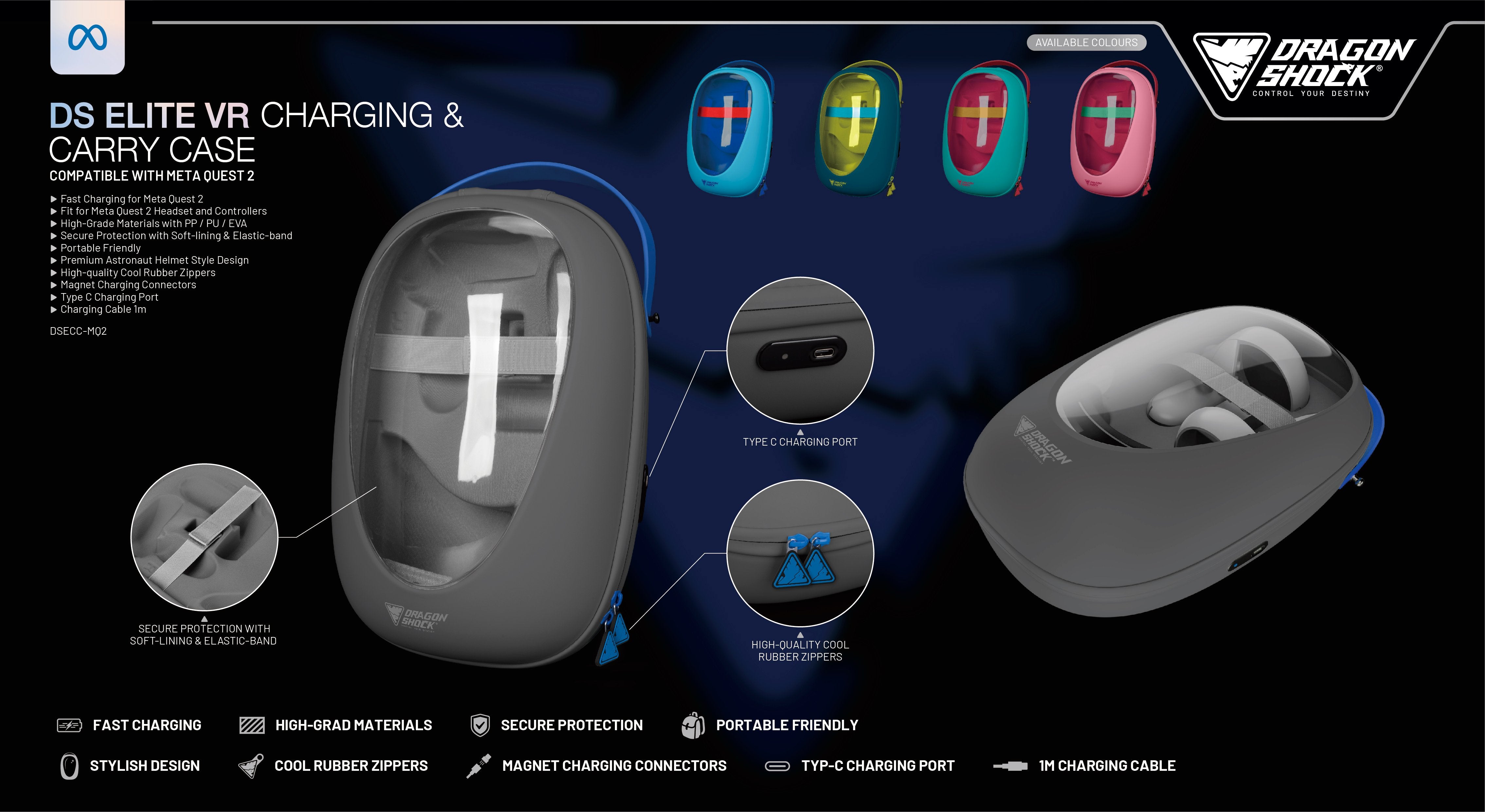 DragonShock - ELITE VR - Mallette de recharge et de transport pour Meta Quest 2 - flash vidéo