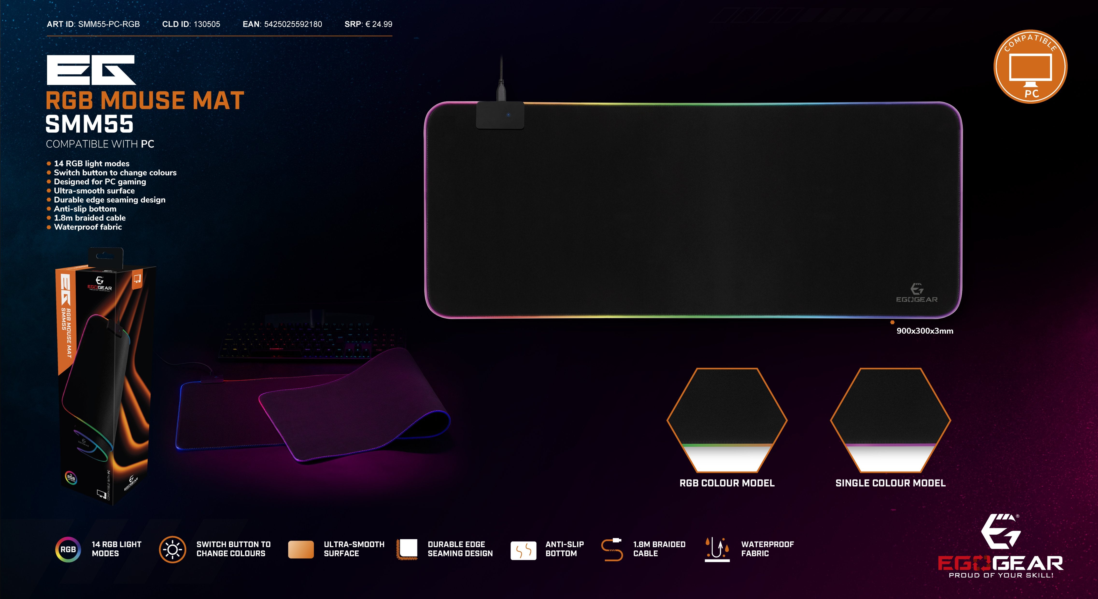 EgoGear - Tapis de souris de jeu XL RGB en tissu SMM55 - flash vidéo