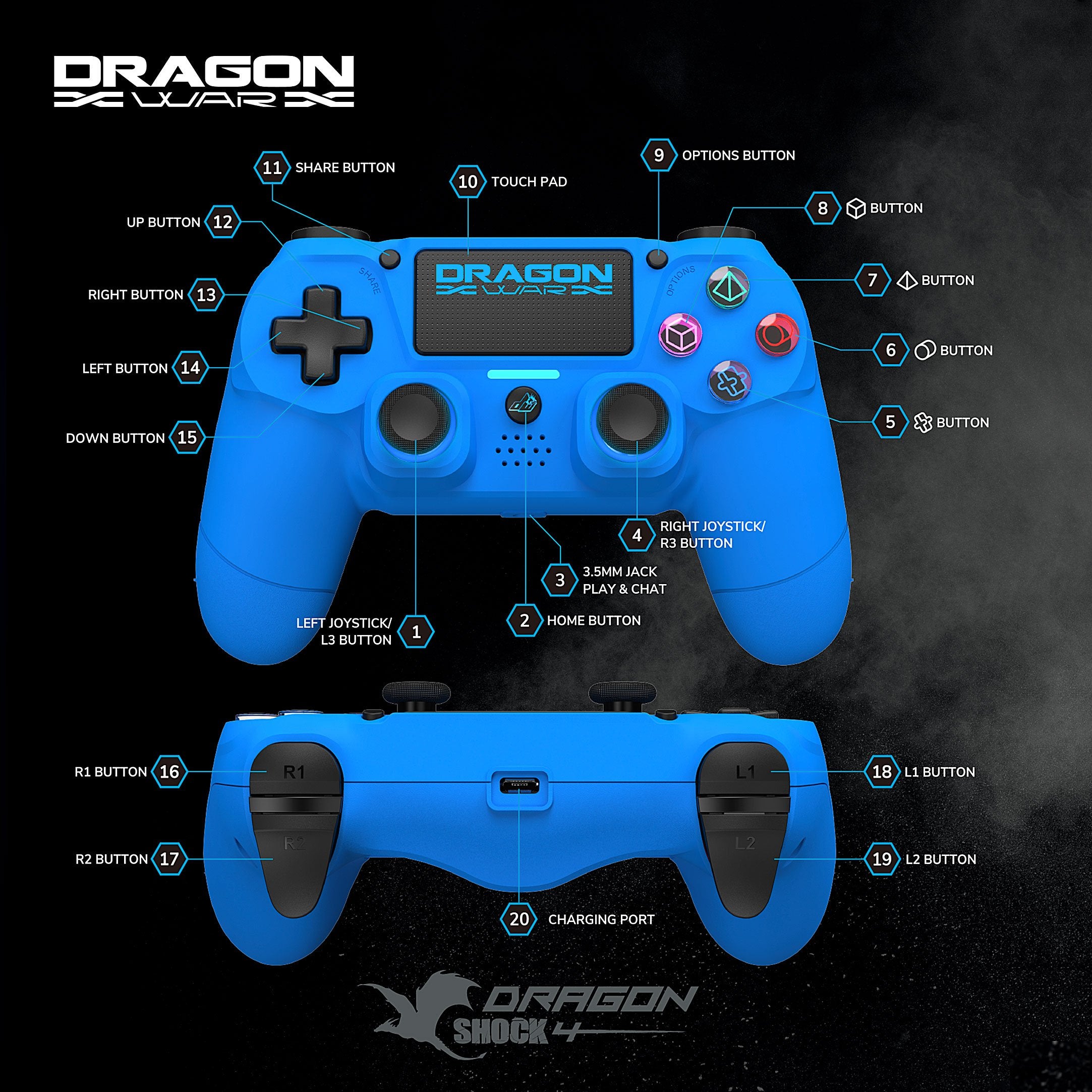 Dragonwar - Manette sans fil Dragon Shock 4 Bleue pour PS4, PC et Mobile - flash vidéo