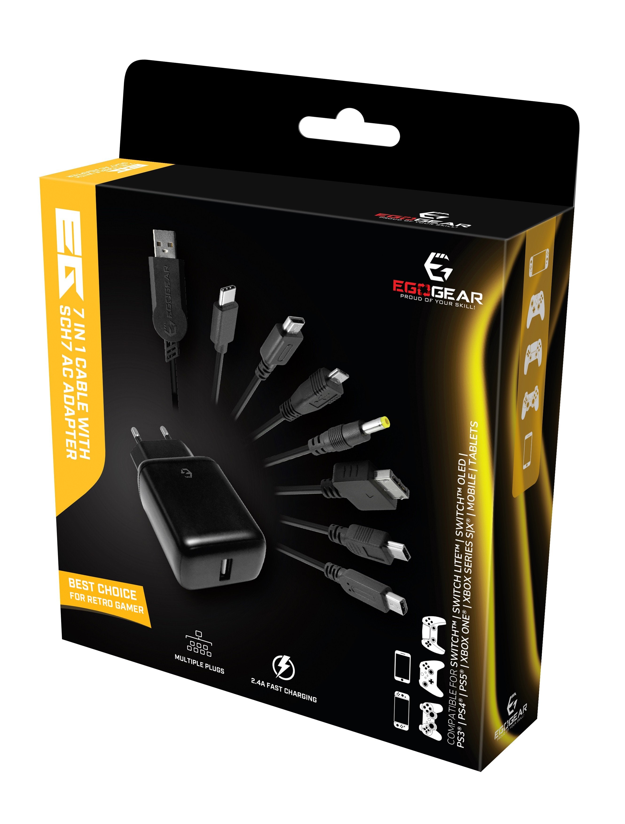 EgoGear - Câble de charge 7 en 1 SCH7 avec chargeur rapide Euro USB pour consoles, manettes, mobile et tablettes - flash vidéo