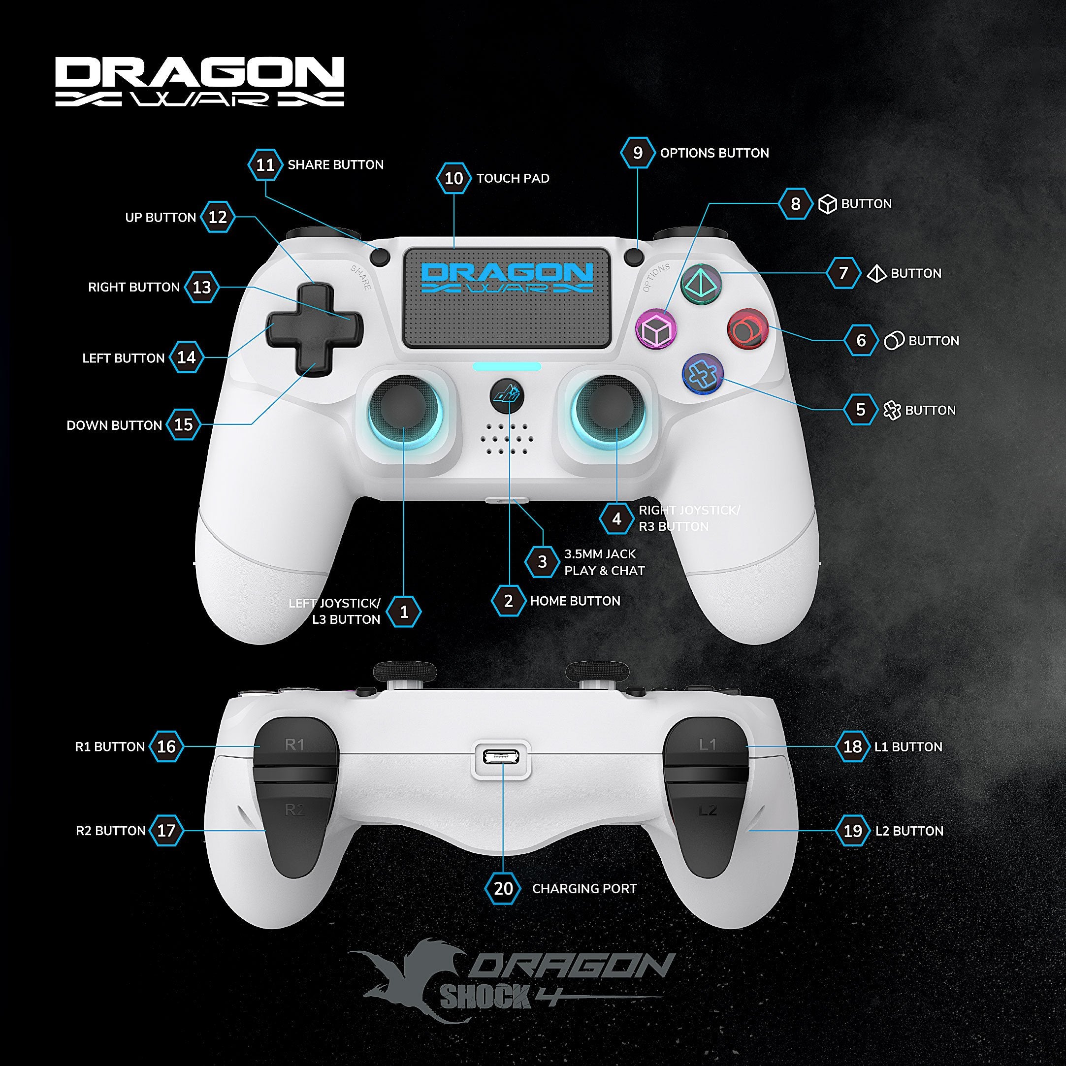 Dragonwar - Manette sans fil Dragon Shock 4 Blanche pour PS4, PC et Mobile - flash vidéo