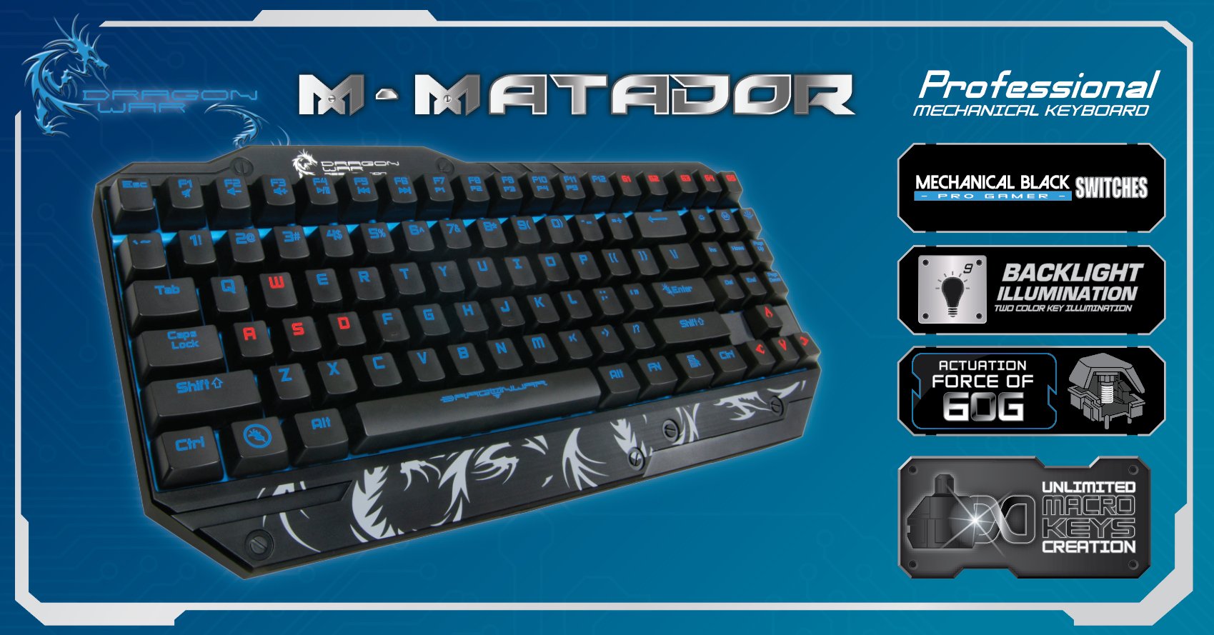 Dragonwar Rétro-éclairage M-Matador Clavier de Gaming Mécanique Qwerty avec touches Macro programmables. - Noir - flash vidéo