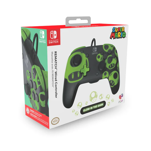 PDP - Manette de jeu filaire REMATCH 1-UP (Glow-in-the-dark) pour Nintendo Switch et Switch OLED - flash vidéo