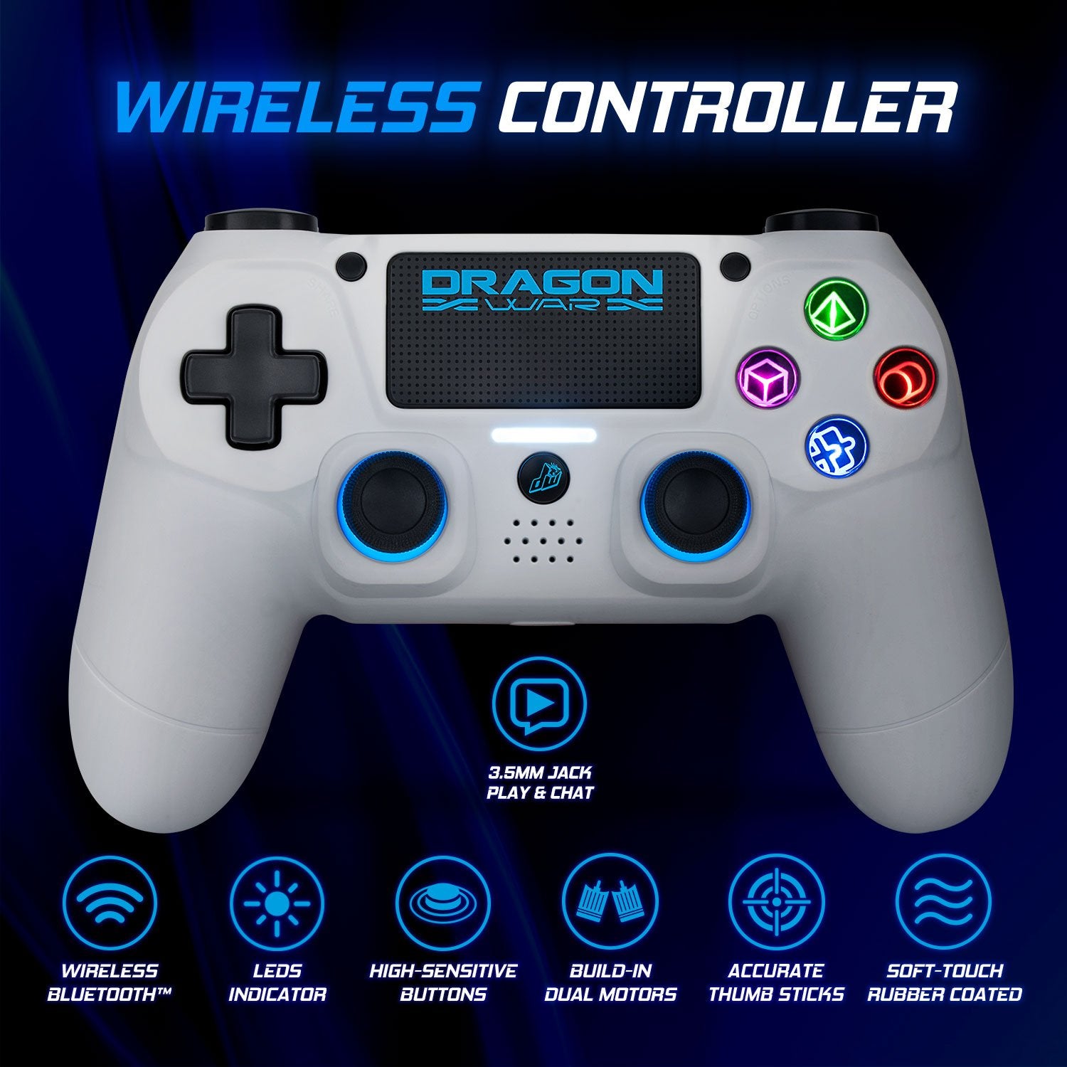 Dragonwar - Manette sans fil Dragon Shock 4 Blanche pour PS4, PC et Mobile - flash vidéo
