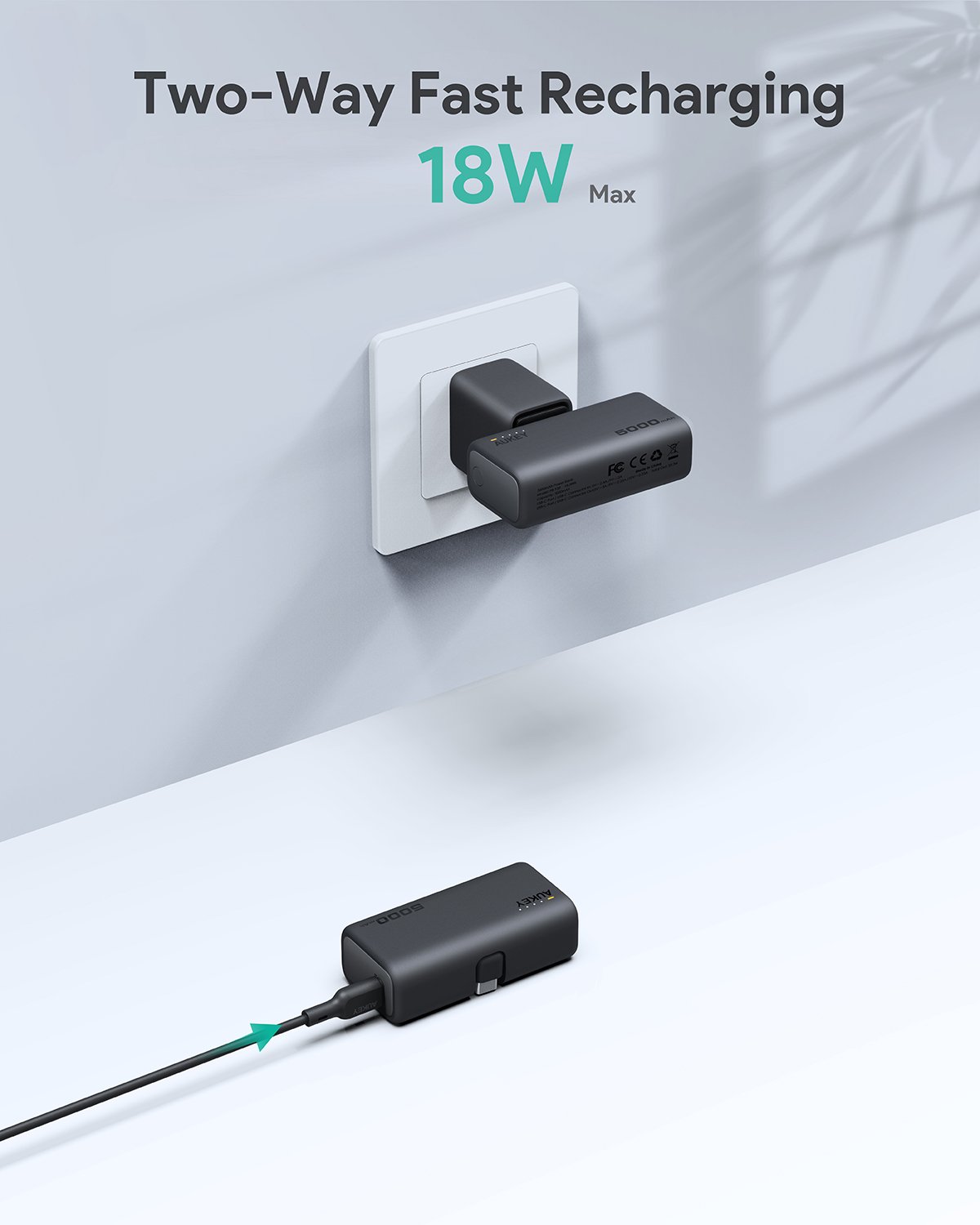 Aukey - Spark Mini 22.5W 5000mAh Power Bank avec port USB C intégré - flash vidéo