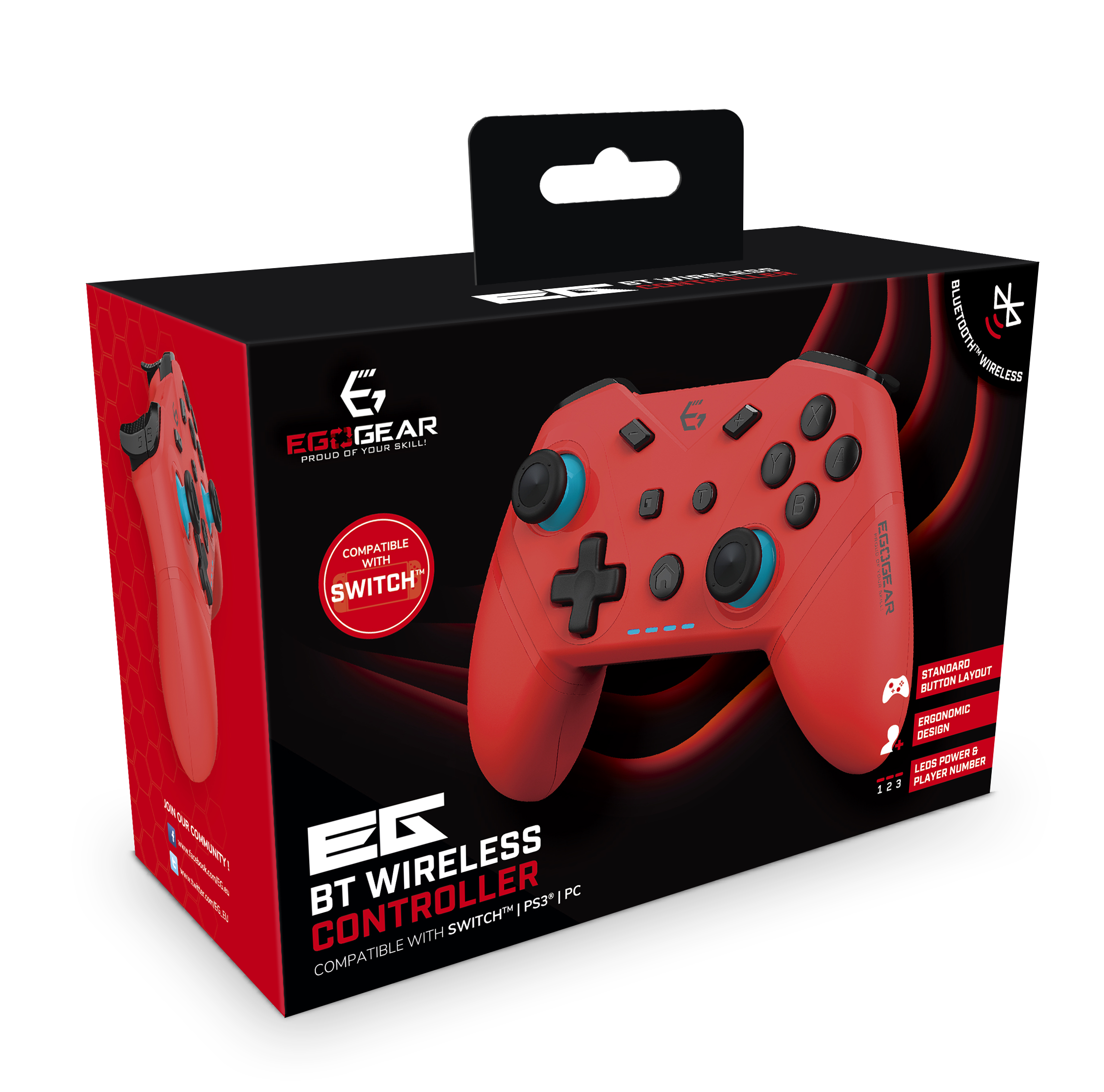 EgoGear - Manette sans fil Bluetooth SC20 Rouge Néon pour Nintendo Switch, Switch OLED, PS3 et PC - flash vidéo