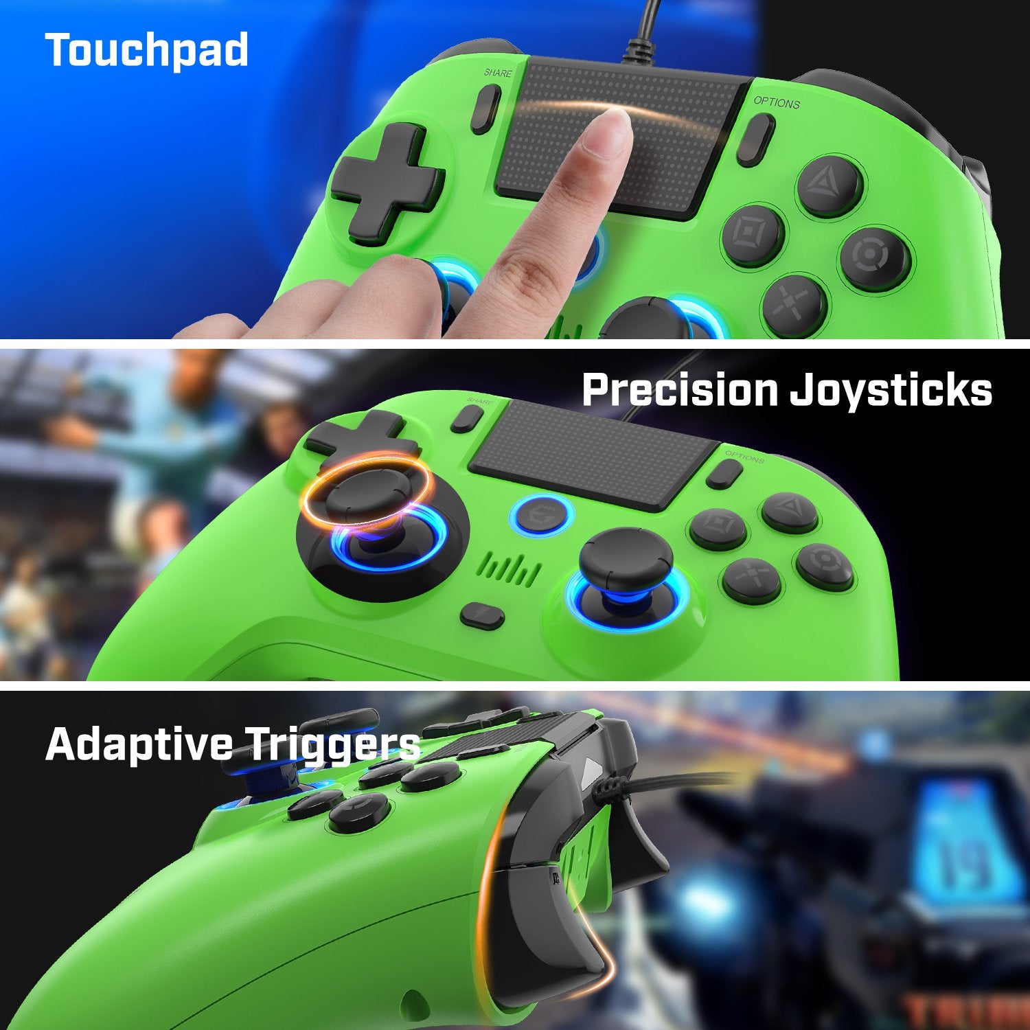 EgoGear - Manette filaire SC10 Verte avec port audio pour casque pour PS4, PS3 et PC - flash vidéo