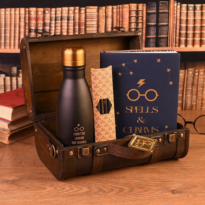 Harry Potter - Coffret cadeau (Trouble Finds Me) : crayons, bouteille en métal, cahier et porte-clés - flash vidéo