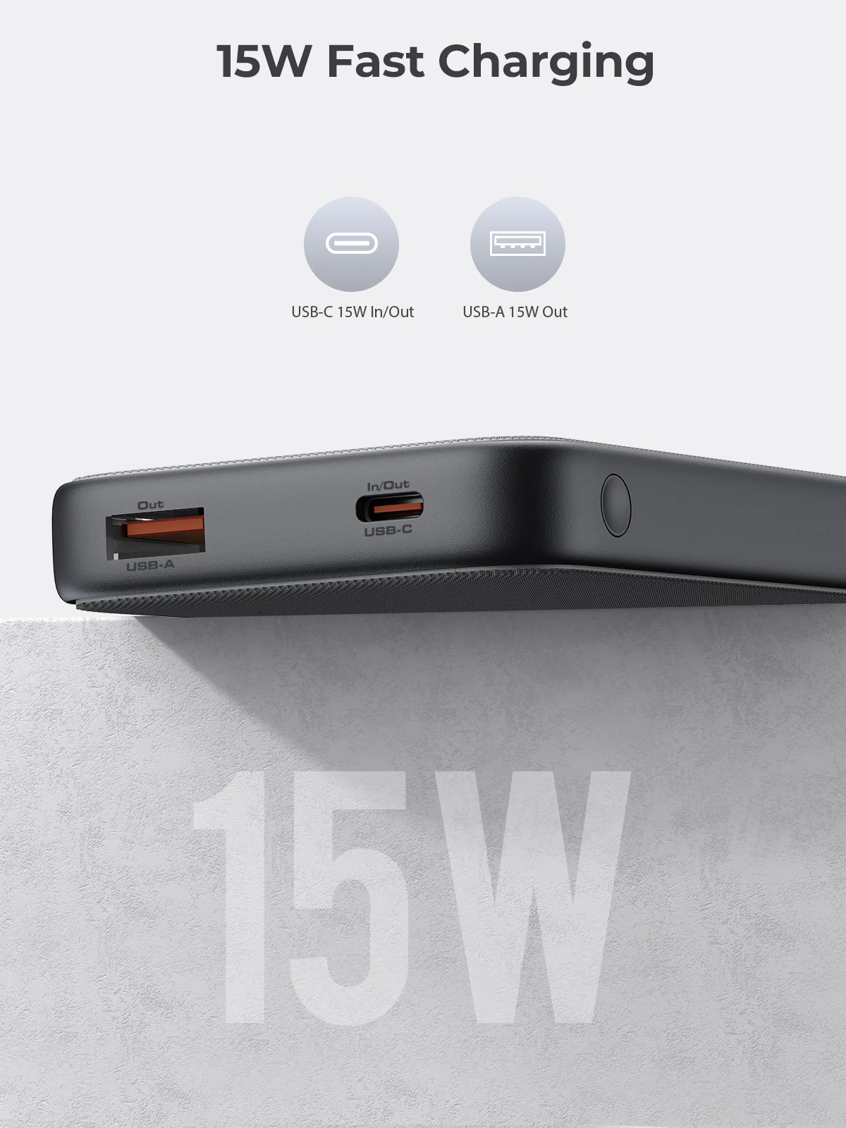 Aukey - Power Bank Grise Sprint 10000mAh 15W Charge rapide - flash vidéo