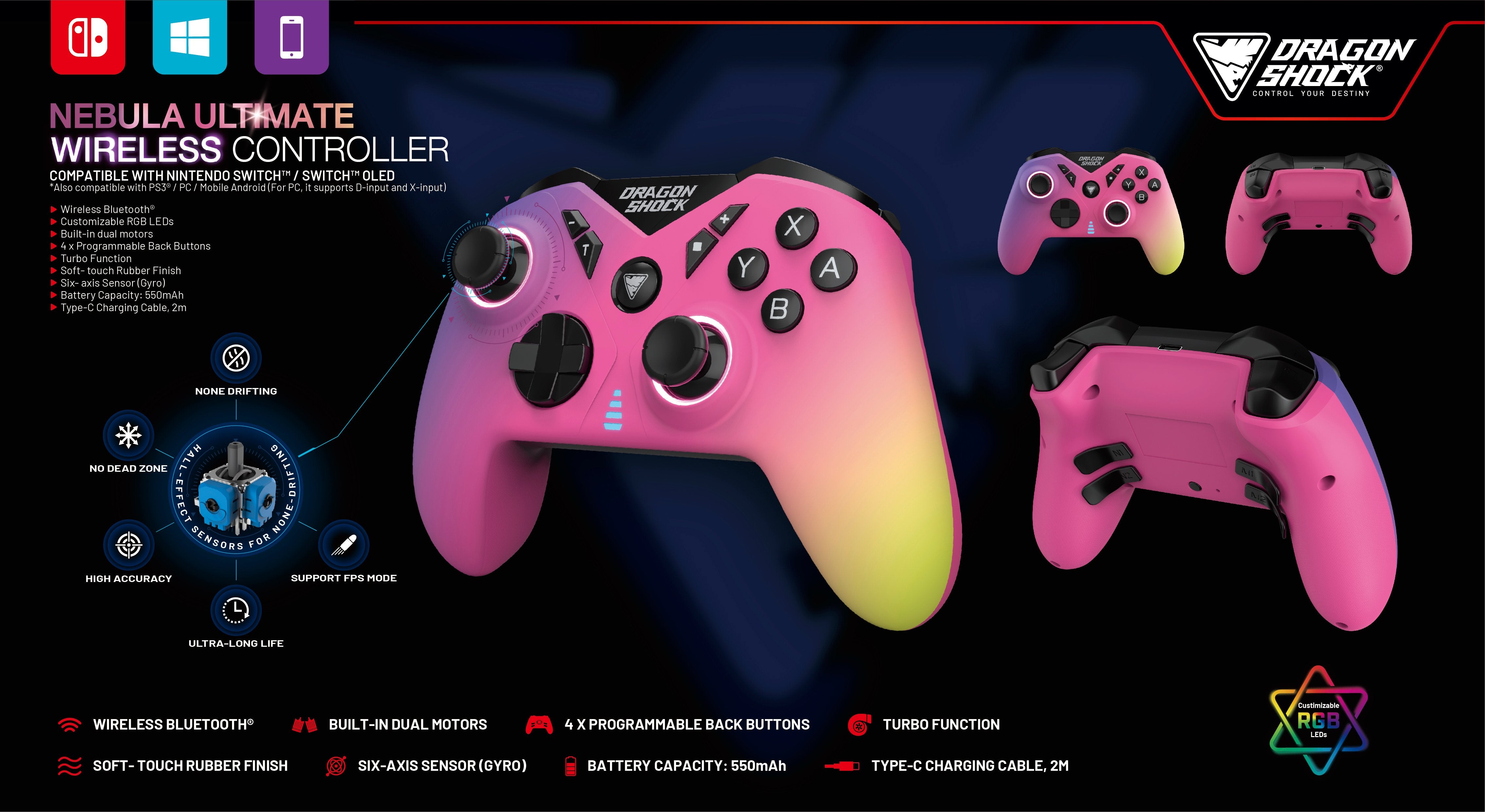 DragonShock - NEBULA ULTIMATE - Manette sans fil Pro Candy pour Nintendo Switch, Switch Lite, Switch OLED, PS3, PC et Android - flash vidéo