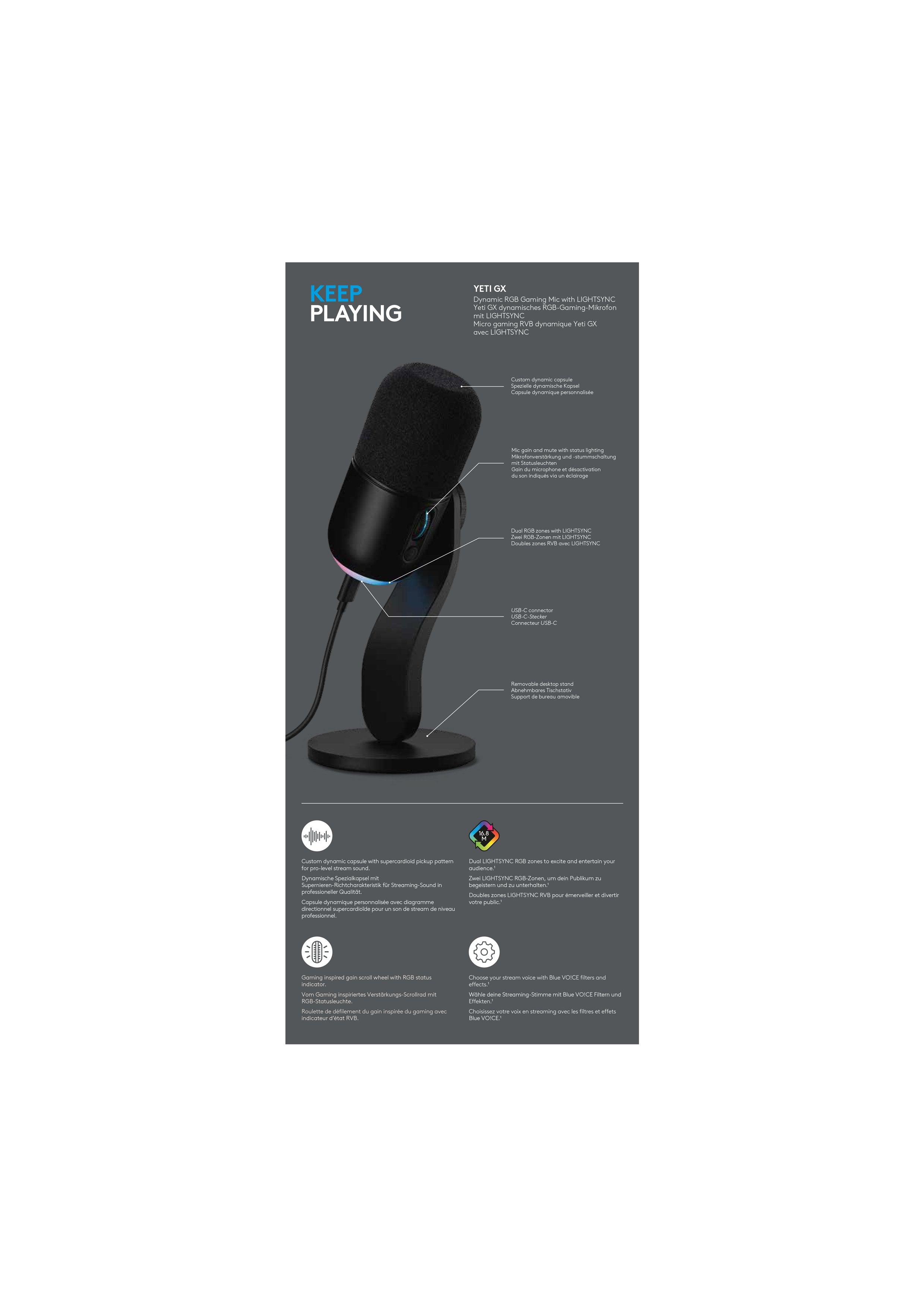 Logitech - Microphone gaming RVB dynamique Yeti GX avec LIGHTSYNC - flash vidéo