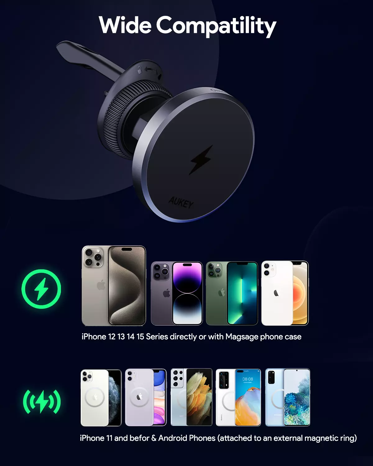 Aukey - Chargeur magnétique 15W sans fil MagFusion Dash Support de téléphone Qi2 - flash vidéo