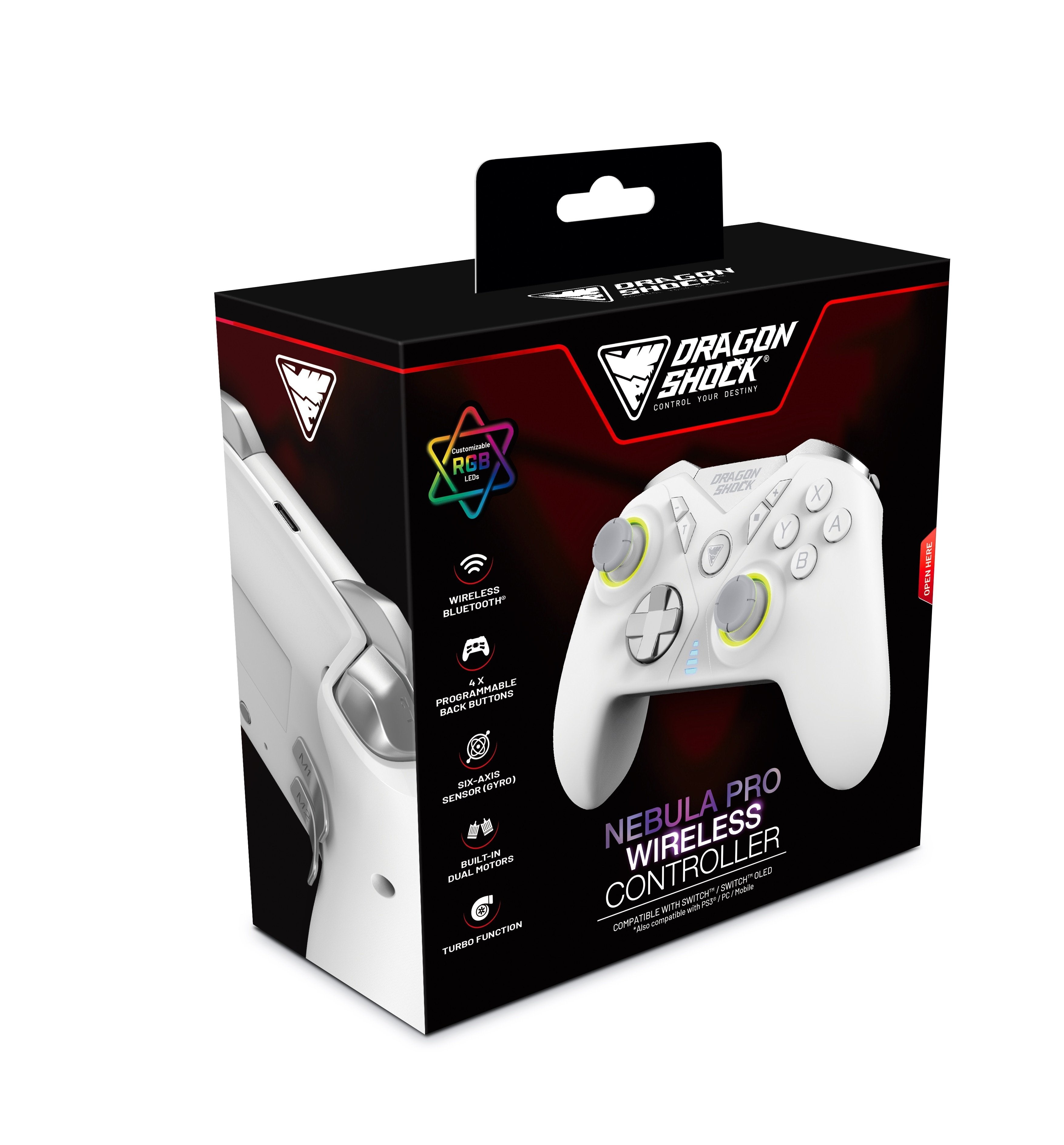 DragonShock - NEBULA PRO - Manette sans fil Pro Blanche pour Nintendo Switch, Switch Lite, Switch OLED, PS3, PC et Android - flash vidéo