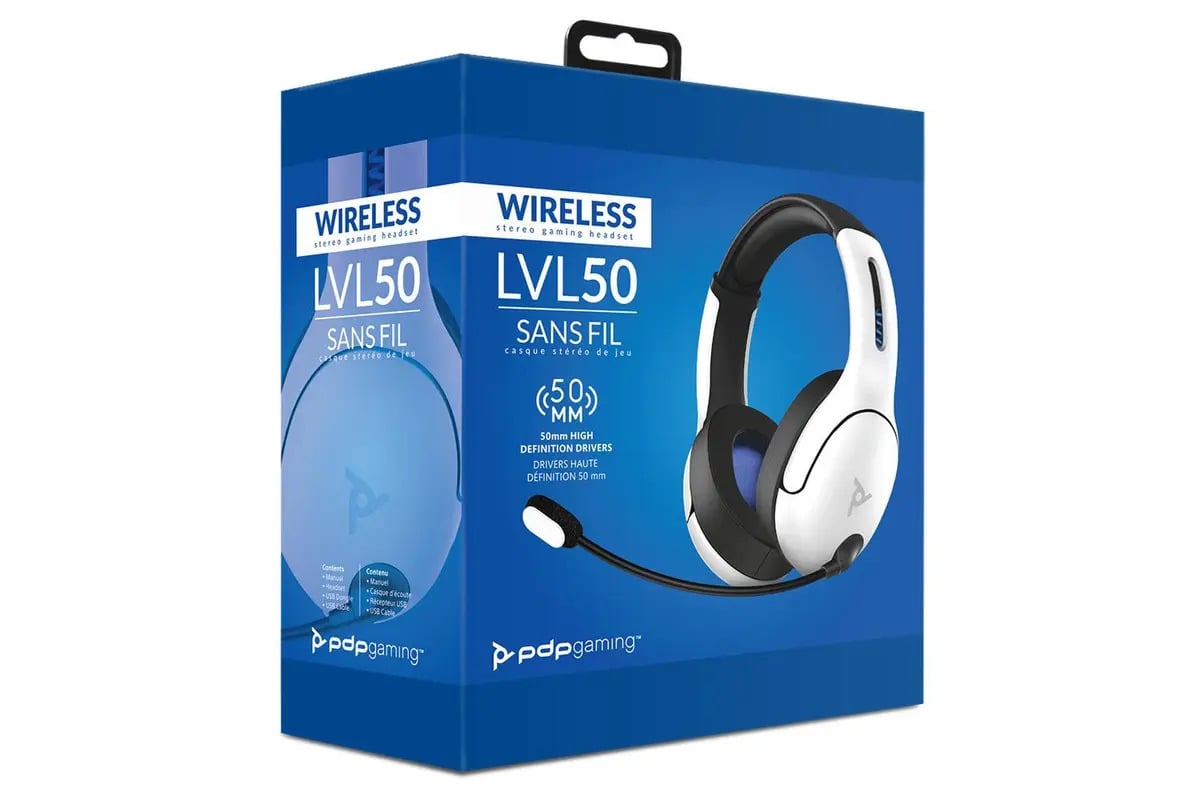 PDP - Casque de jeu stéréo sans fil LVL50 Blanc pour PS5, PS4 & PC - flash vidéo