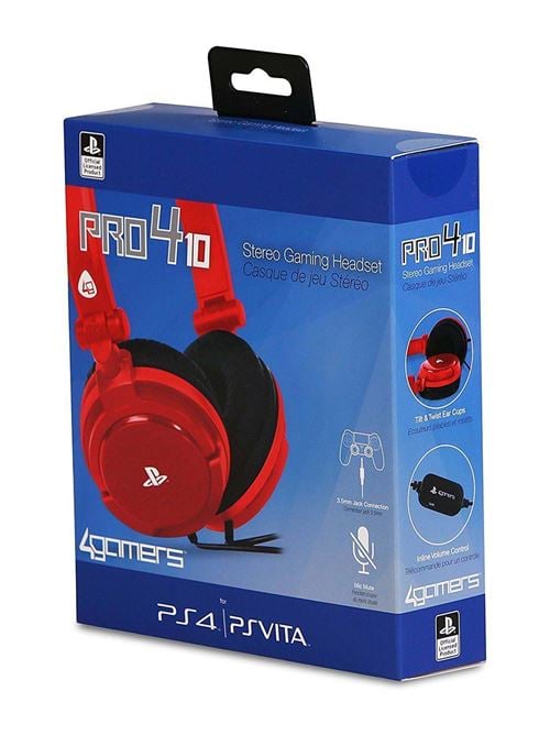 4Gamers - Casque de jeu stéréo filaire PRO 4-10 Rouge pour PS5 et PS4 - flash vidéo