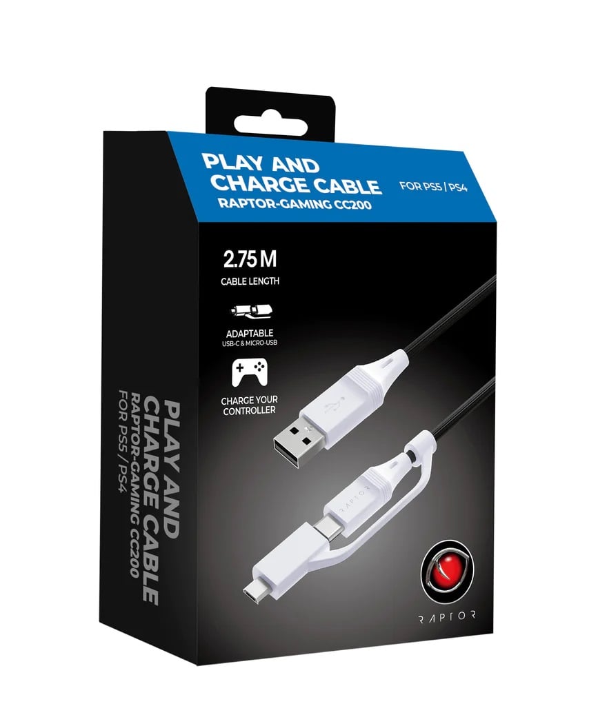 Raptor Gaming - Câble USB-C Play & Charge Blanc de 2.75m CC200 pour PS5, Xbox Series X|S, Nintendo Switch et Mobile - flash vidéo