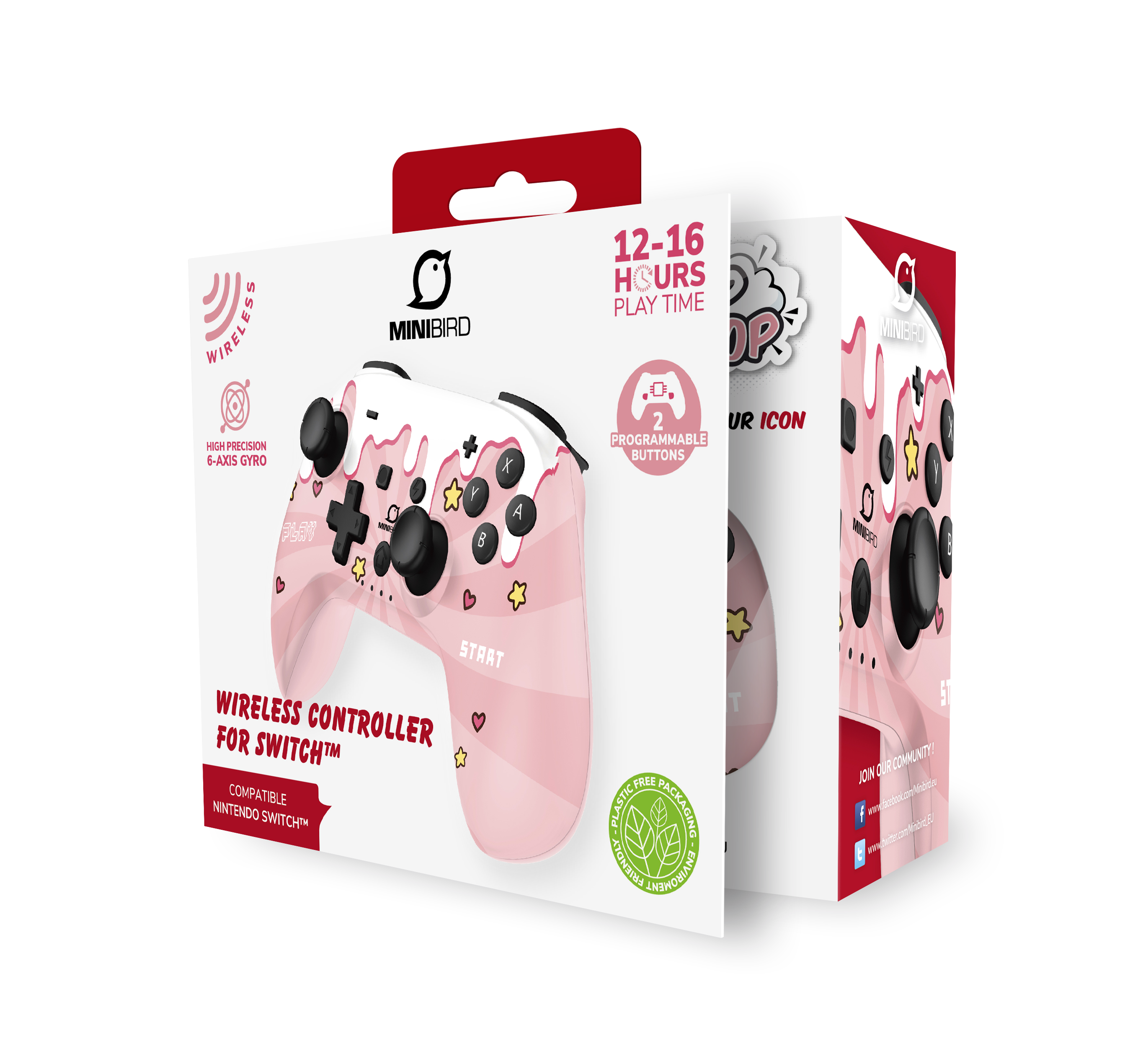 Minibird Pop Top - Manette sans fil Bluetooth "Sweet Pink" pour Nintendo Switch et Switch OLED - flash vidéo