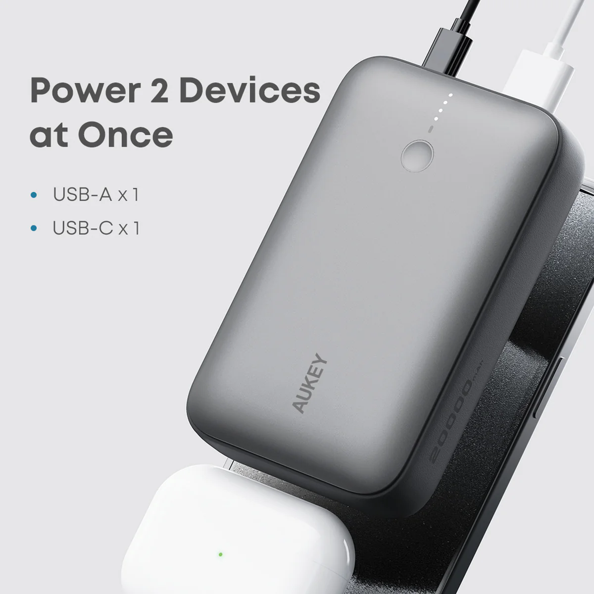 Aukey - Spark Mini 20000mAh 20W Powerbank Gris USB-C/USB-A - flash vidéo