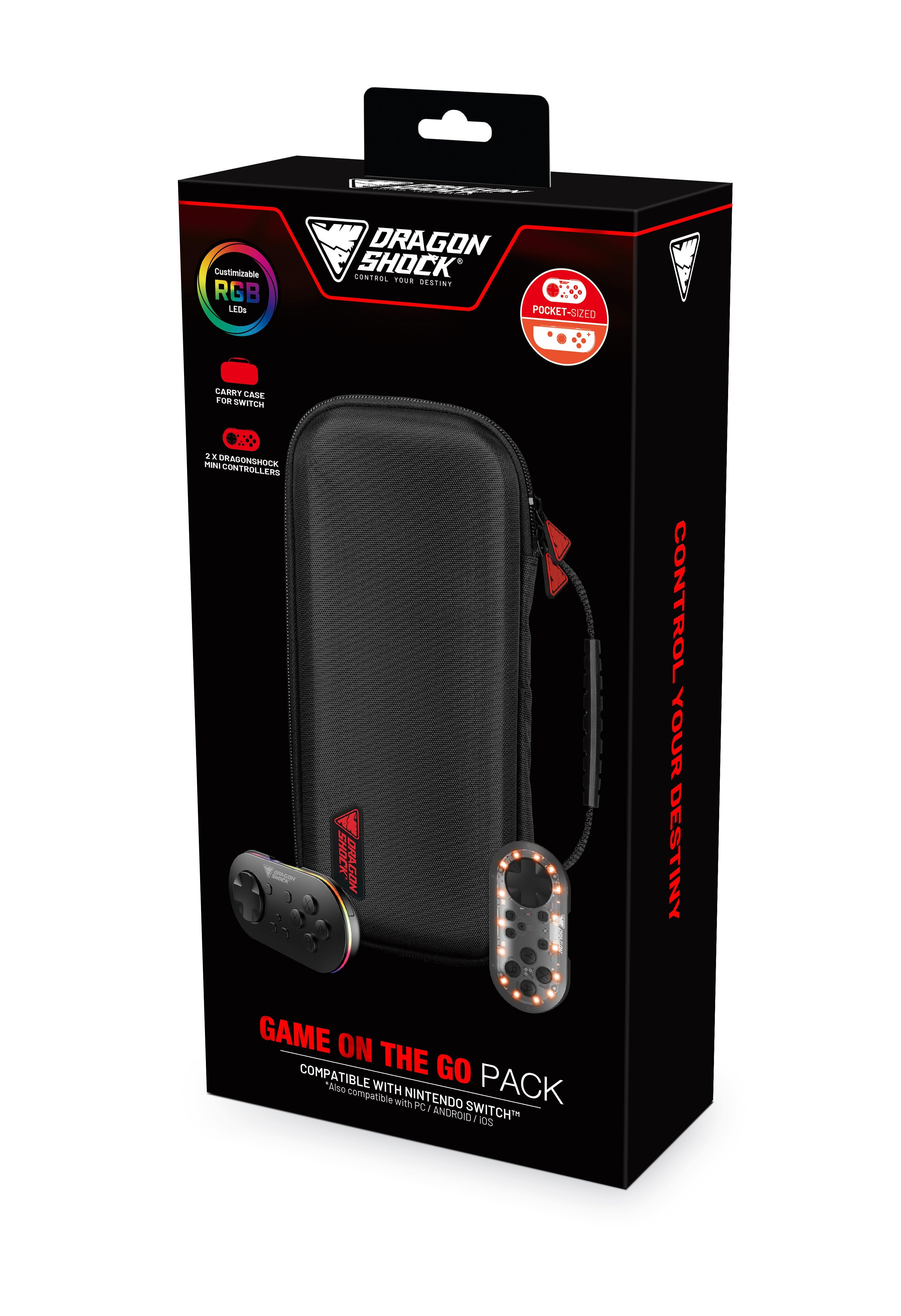 DragonShock - Game On the Go Pack - Housse de Transport Switch + Paire Mini Manettes Sans Fil Glow Fusion et Noire pour Nintendo Switch, Switch OLED, PC, Android et IOS - flash vidéo