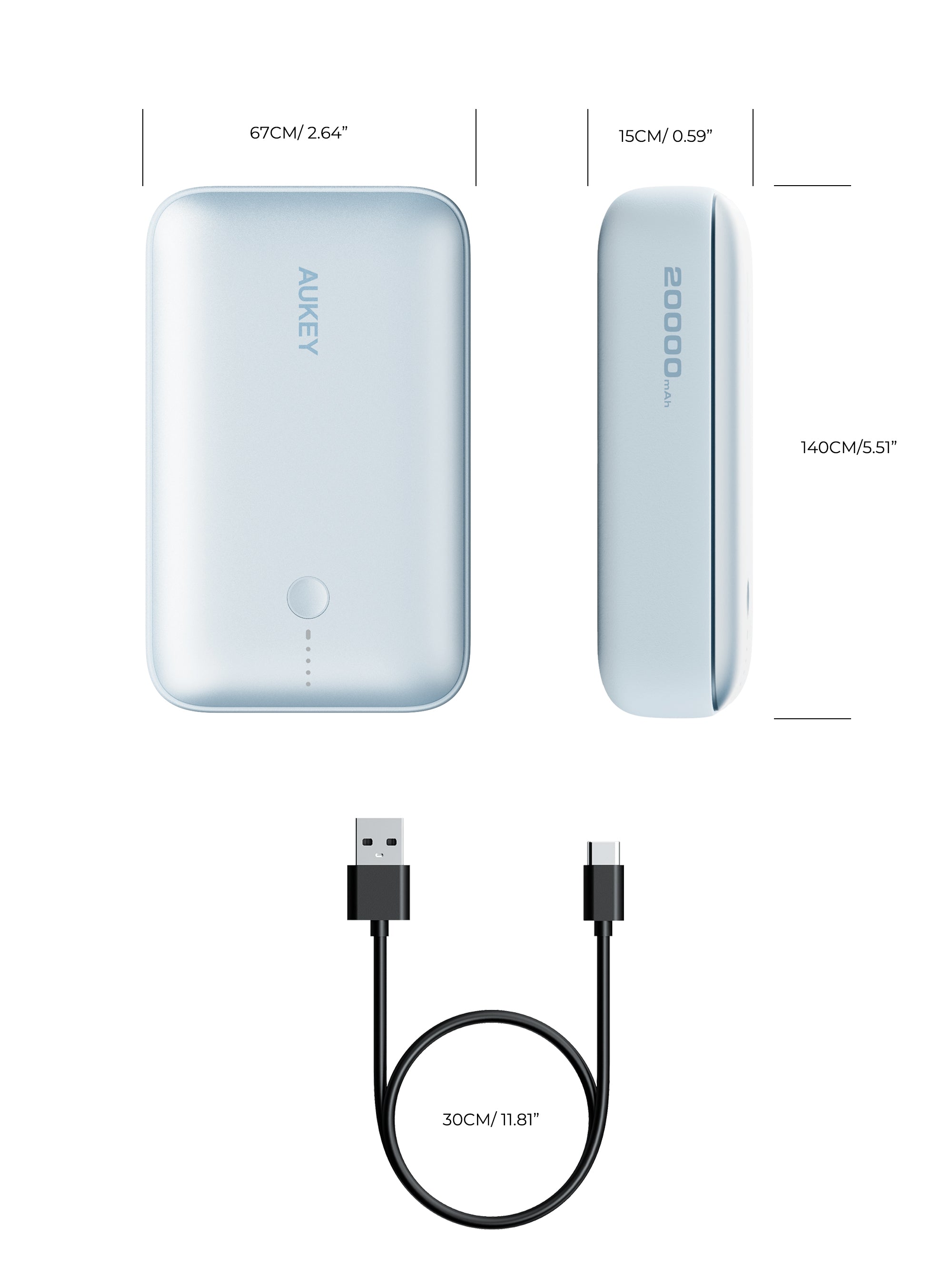 Aukey - Spark Mini 20000mAh 20W Powerbank Bleu USB-C/USB-A - flash vidéo