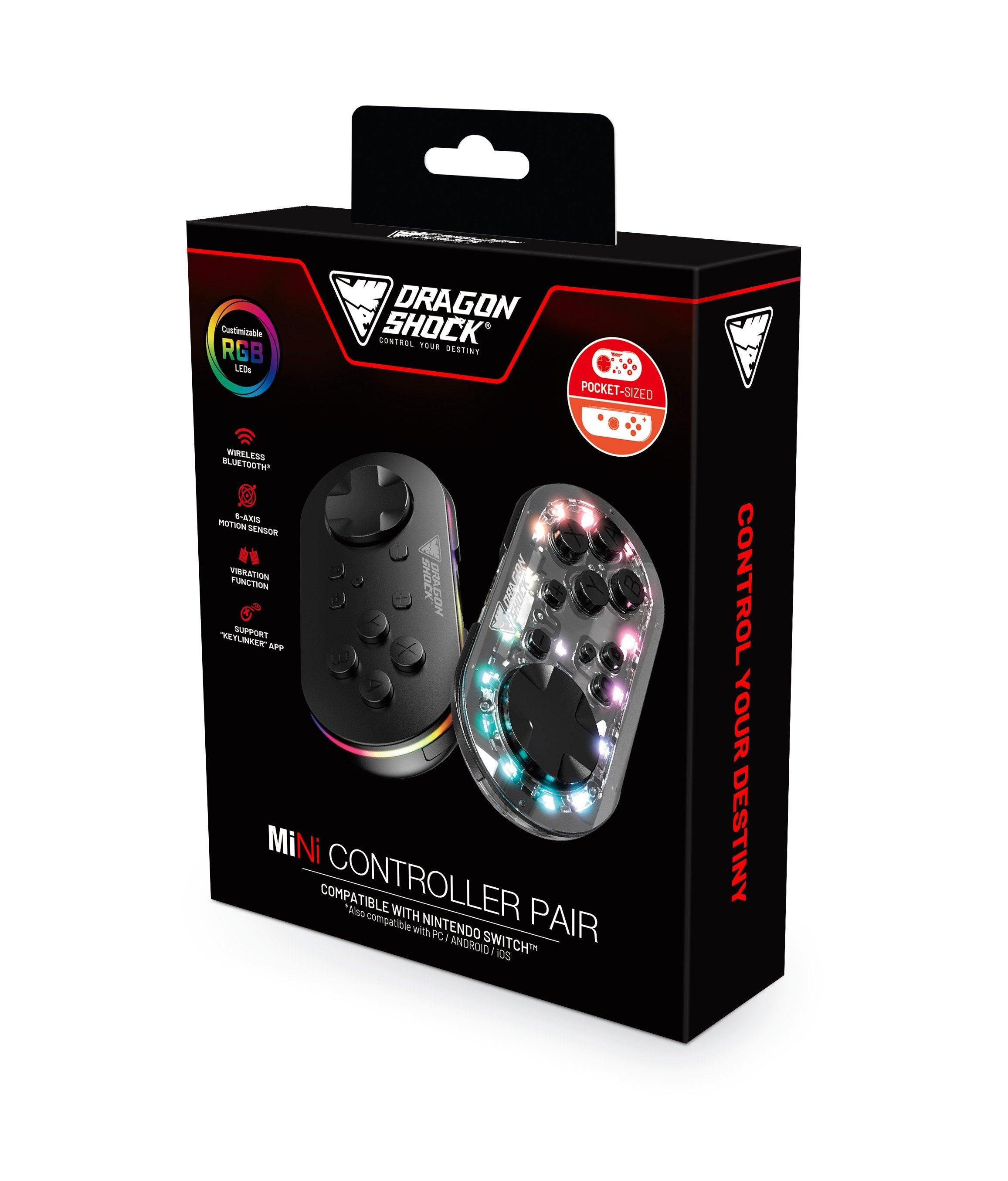 DragonShock - Paire Mini Manettes Sans Fil Glow Fusion et Noire pour Nintendo Switch, Switch OLED, PC, Android et IOS - flash vidéo
