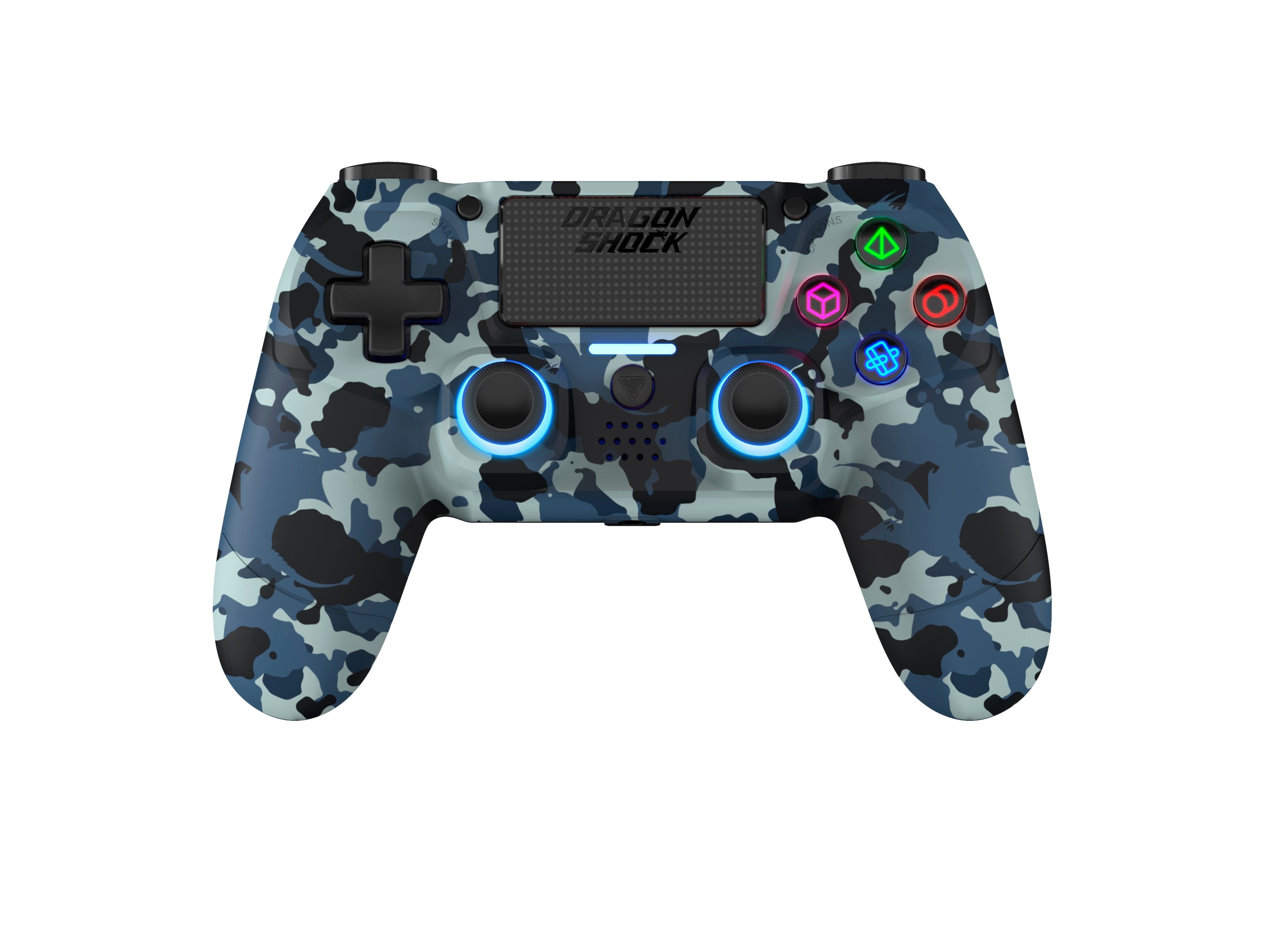 DragonShock - Manette sans fil Bluetooth MIZAR Bleu Camouflage pour PS4, PC et Mobile - flash vidéo