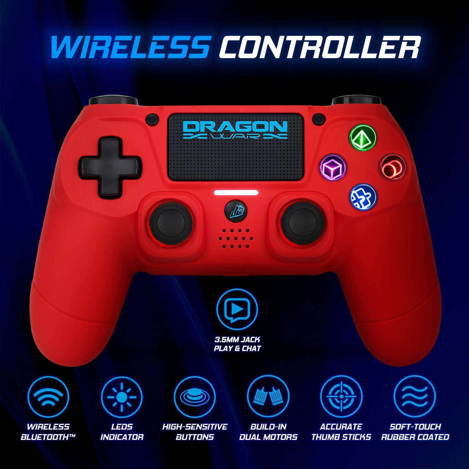 Dragonwar - Manette sans fil Dragon Shock 4 Rouge pour PS4, PC et Mobile - flash vidéo