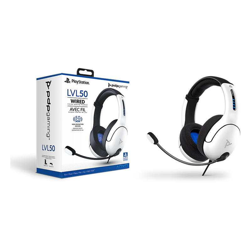 PDP - Casque de jeu stéréo filaire LVL50 Blanc pour PS5, PS4 & PC - flash vidéo