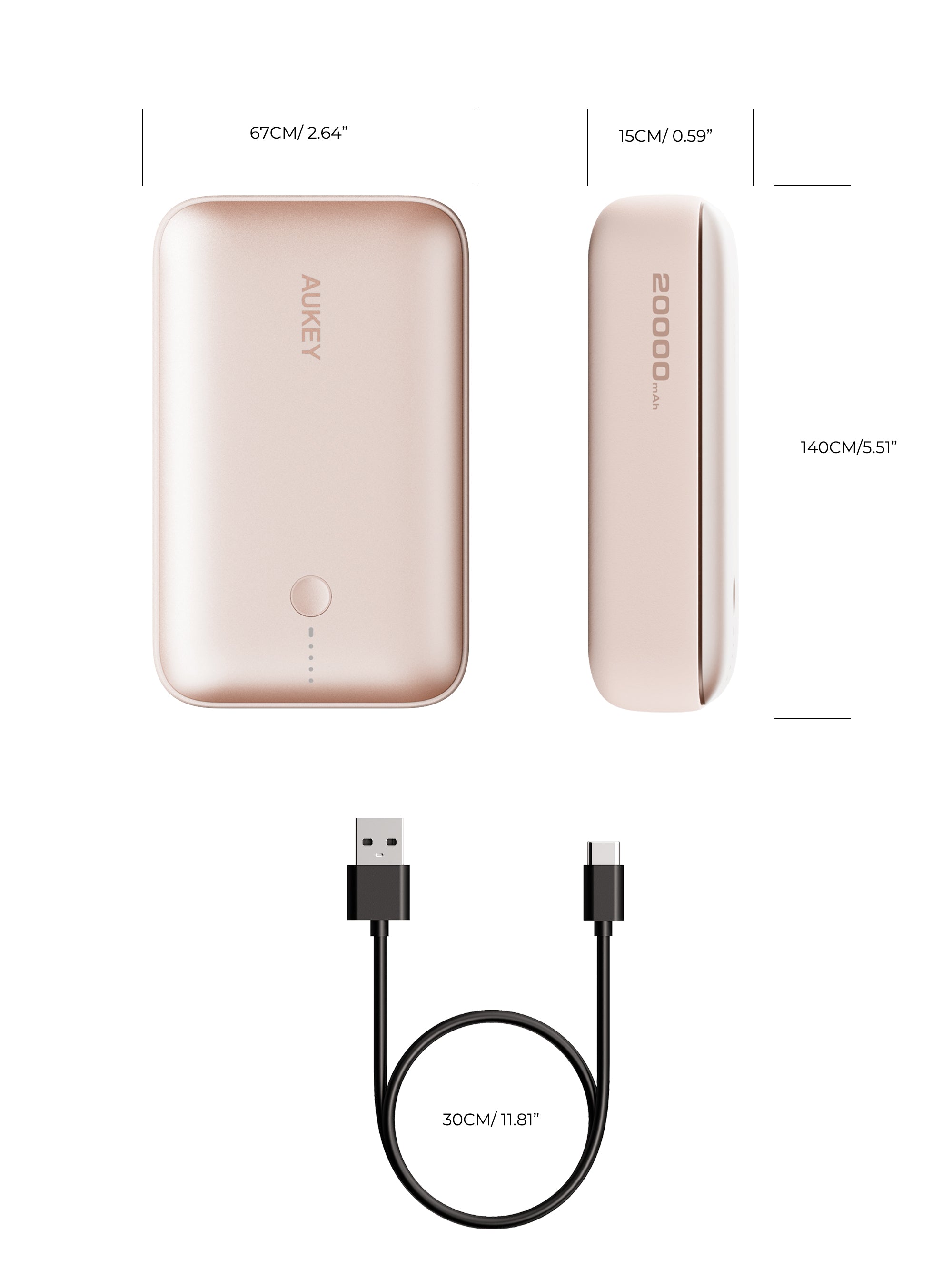 Aukey - Spark Mini 20000mAh 20W Powerbank Rose USB-C/USB-A - flash vidéo