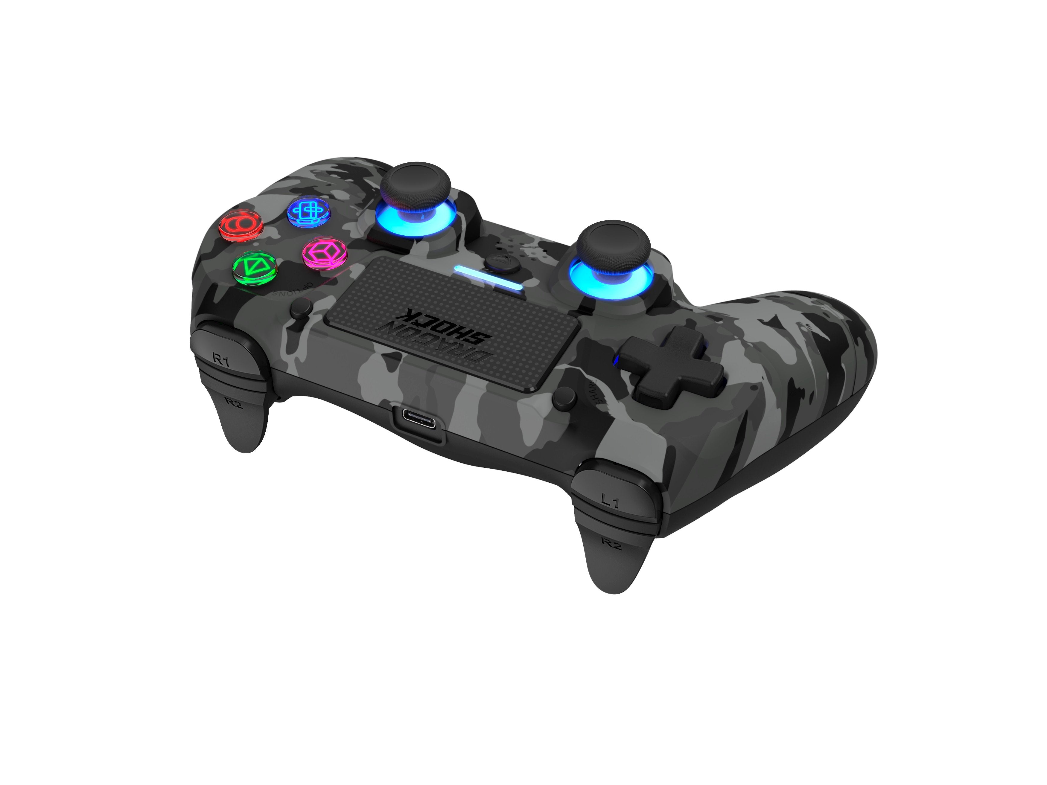 DragonShock - Manette sans fil Bluetooth MIZAR Gris Camouflage pour PS4, PC et Mobile - flash vidéo