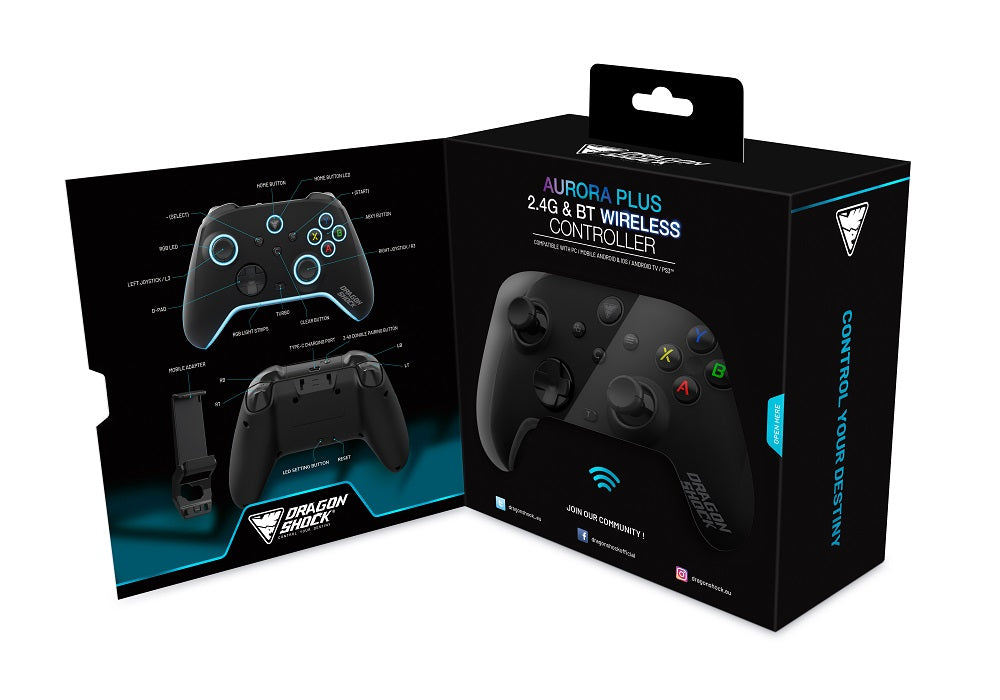DragonShock - AURORA PLUS - Manette sans fil noire avec support téléphone pour PS3, PC, Android et IOS - flash vidéo