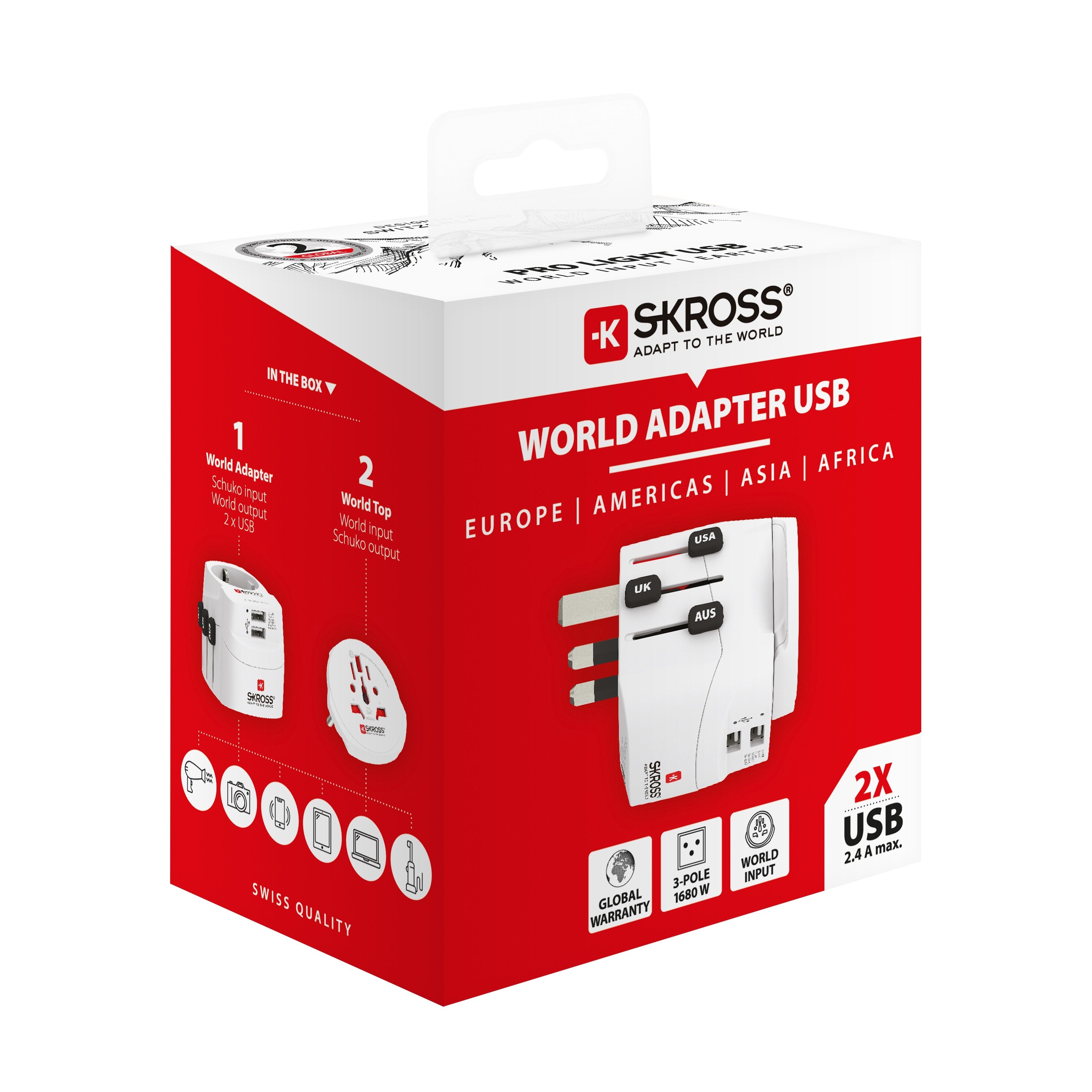 SKROSS - World Travel Adapter with Ground Plugs( no Swiss & Italy ) + 2 USB SLOT 2400 mA + world to europe - flash vidéo